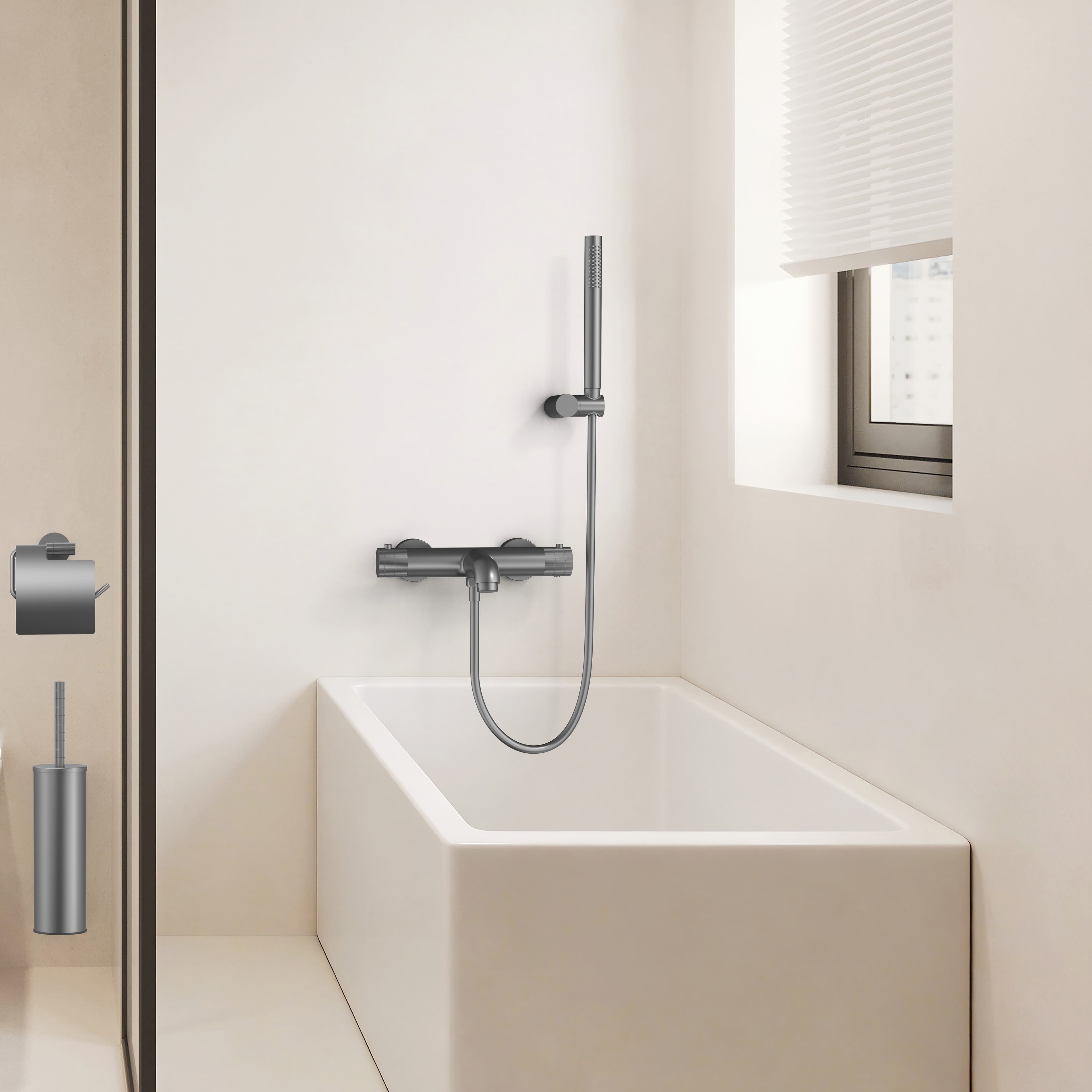 STRIA thermostatic bath mixer – wall‑mount – buttons with striated finish – BELGAQUA – gunmetal (PVD)