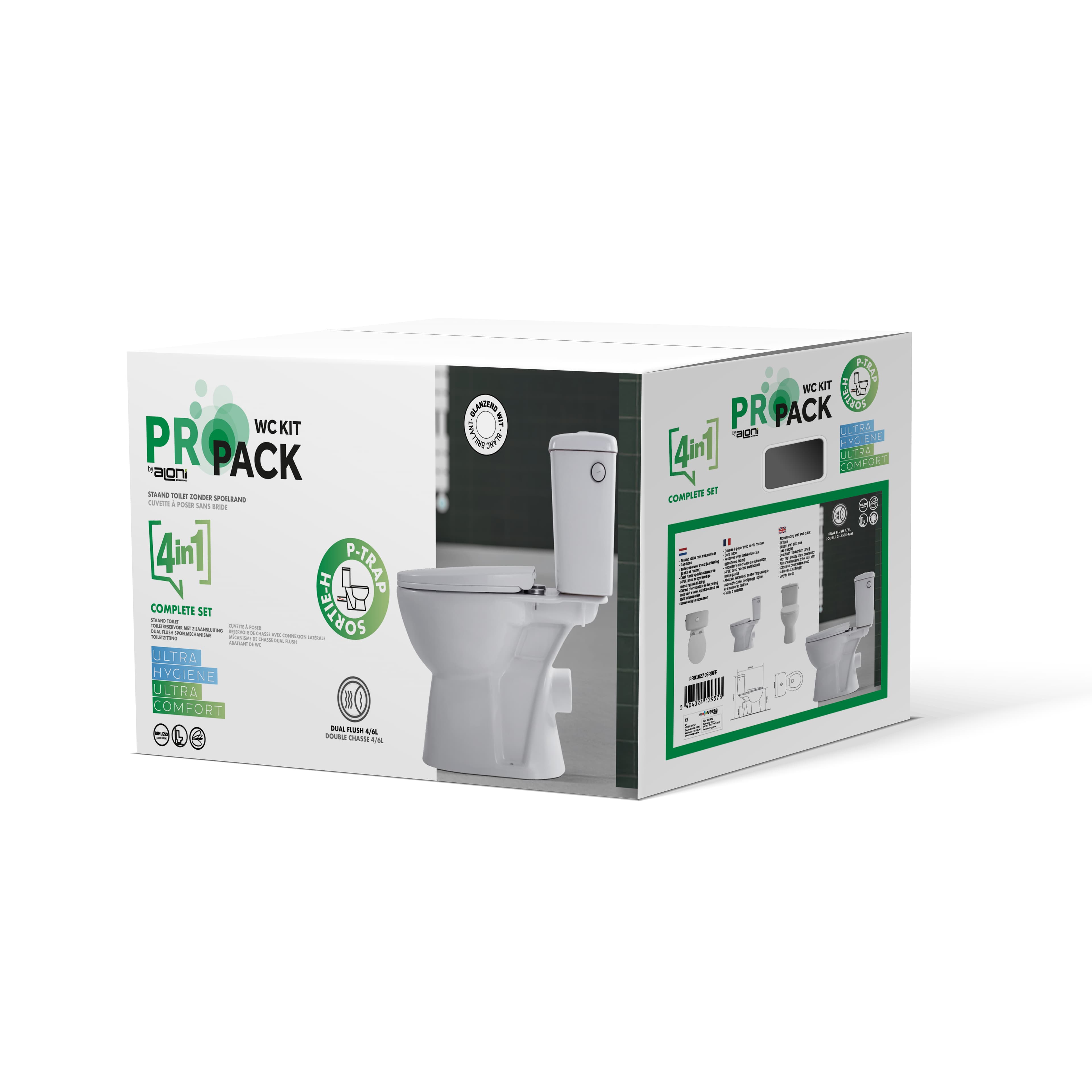 ALONI PRO DUOBLOK - CUVETTE À POSER - SANS BRIDE - P-TRAP - SORTIE MURALE - AVEC RÉSERVOIR - MÉCANISME DE CHASSE - DOUBLE CHASSE 4/6L - AVEC ABATTANT - SOFTCLOSE - QUICK RELEASE - 39X73X67 CM - BLANC