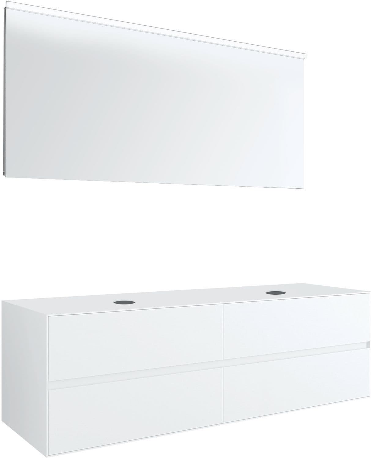 MEUBLE 4 TIROIRS+ TABLET POUR 2 LAVABOS A POSER TENSO 160CM SANS TROUS ROBINETS BLANC AVEC MIROIR