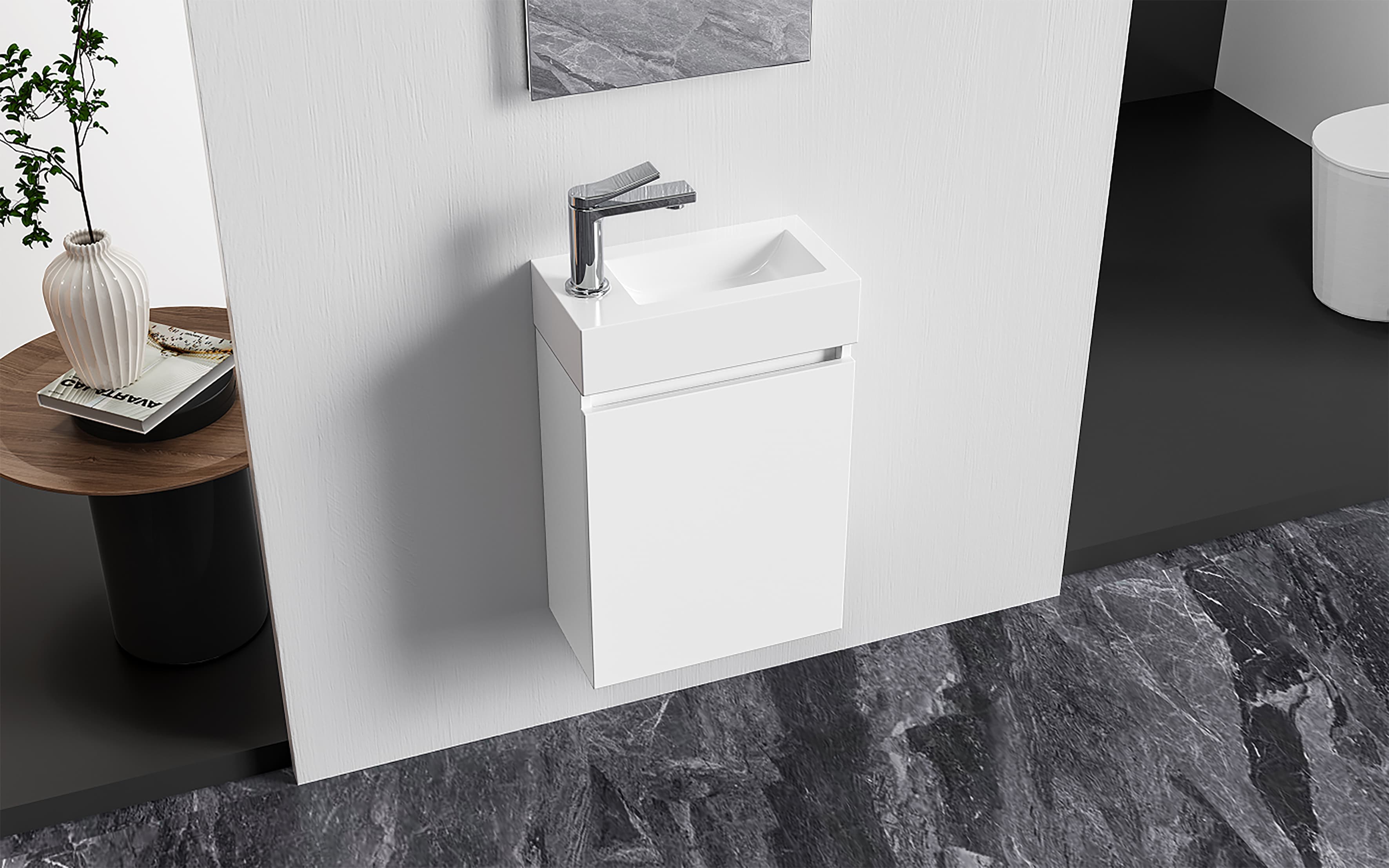 ALONI ZYRO ENSEMBLE DE MEUBLE DE TOILETTE - COMPLÈT - MEUBLE SOUS-VASQUE AVEC 1 PORTE - SANS POIGNÉE - SOFT CLOSE - RÉVERSIBLE - MIROIR - LAVE MAINS - 40,5X22,5 CM - BLANC BRILLANT