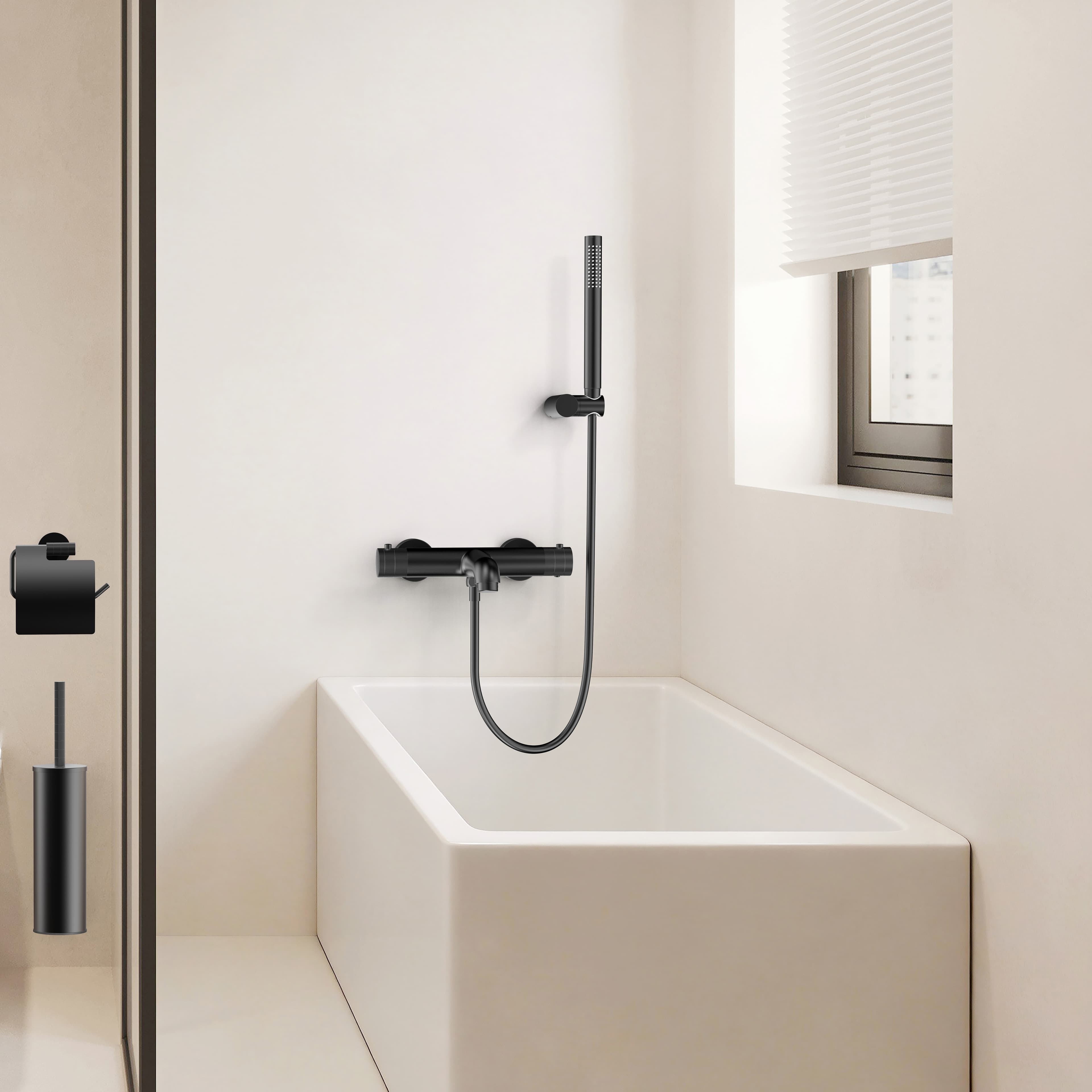 Stria mitigeur de bain – thermostatique – montage mural – boutons avec finition striée - Belgaqua - Noir mat (pvd)