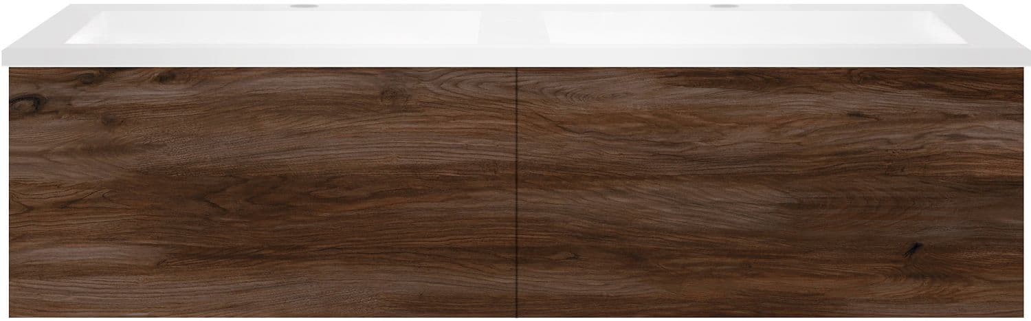 SOUS MEUBLE COFFEE 2 TIROIRS 120 DUO NOYER VELOURS +DOUBLE LAVABO EN MARBRE SYNTHETIQUE BLANC