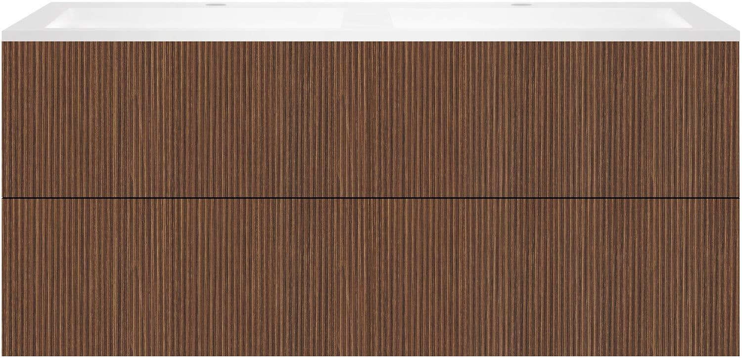 SOUS MEUBLE COFFEE 4 TIROIRS 140 DUO NOYER SMARTLINE +DOUBLE LAVABO EN MARBRE SYNTHETIQUE BLANC