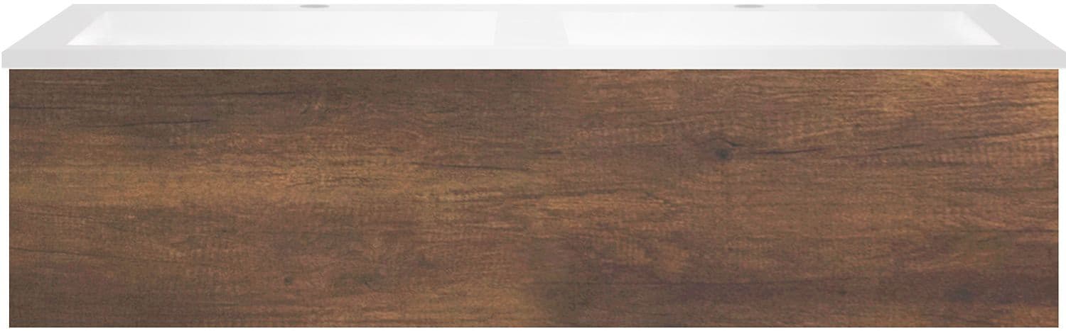 SOUS MEUBLE COFFEE 1 TIROIR 120 DUO CHENE ROUILLE + LAVABO DOUBLE EN MARBRE SYNTHETIQUE BLANC