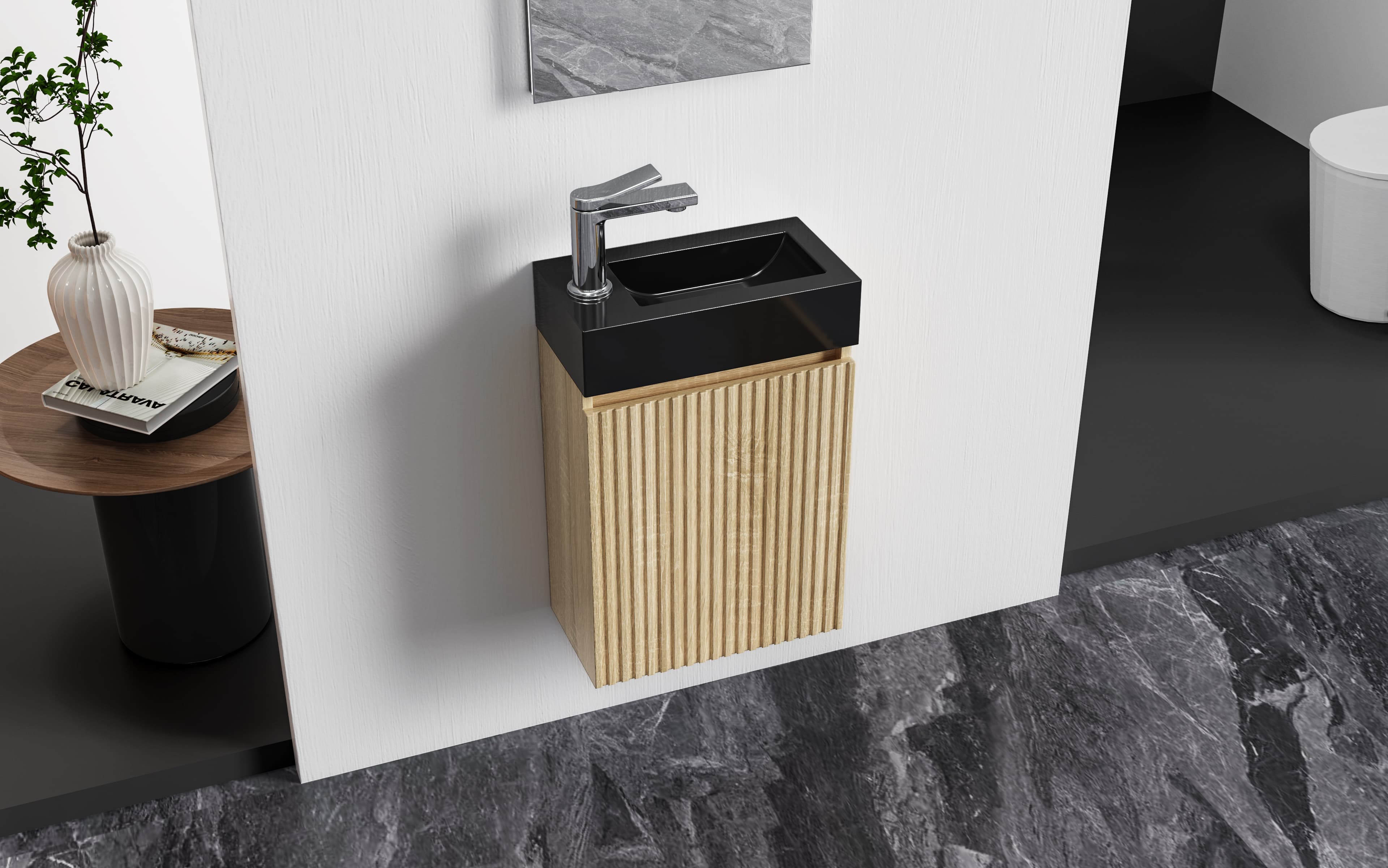 ALONI mikaro meuble de toilette - 1 porte - réversible - sans Poignée - soft close - 40X50X22,3 cm - chêne clair