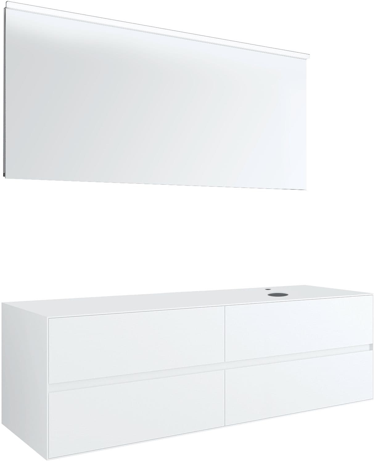 MEUBLE 4 TIROIRS+ TABLET POUR LAVABO A POSER DROITE TENSO 160CM +TROU ROBINET BLANC AVEC MIROIR