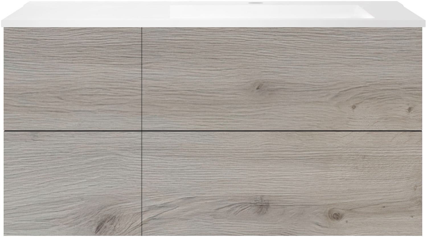 SOUS MEUBLE COFFEE 4 TIROIRS 120 CHENE ARGENT+LAVABO DROITE EN MARBRE SYNTHETIQUE BLANC
