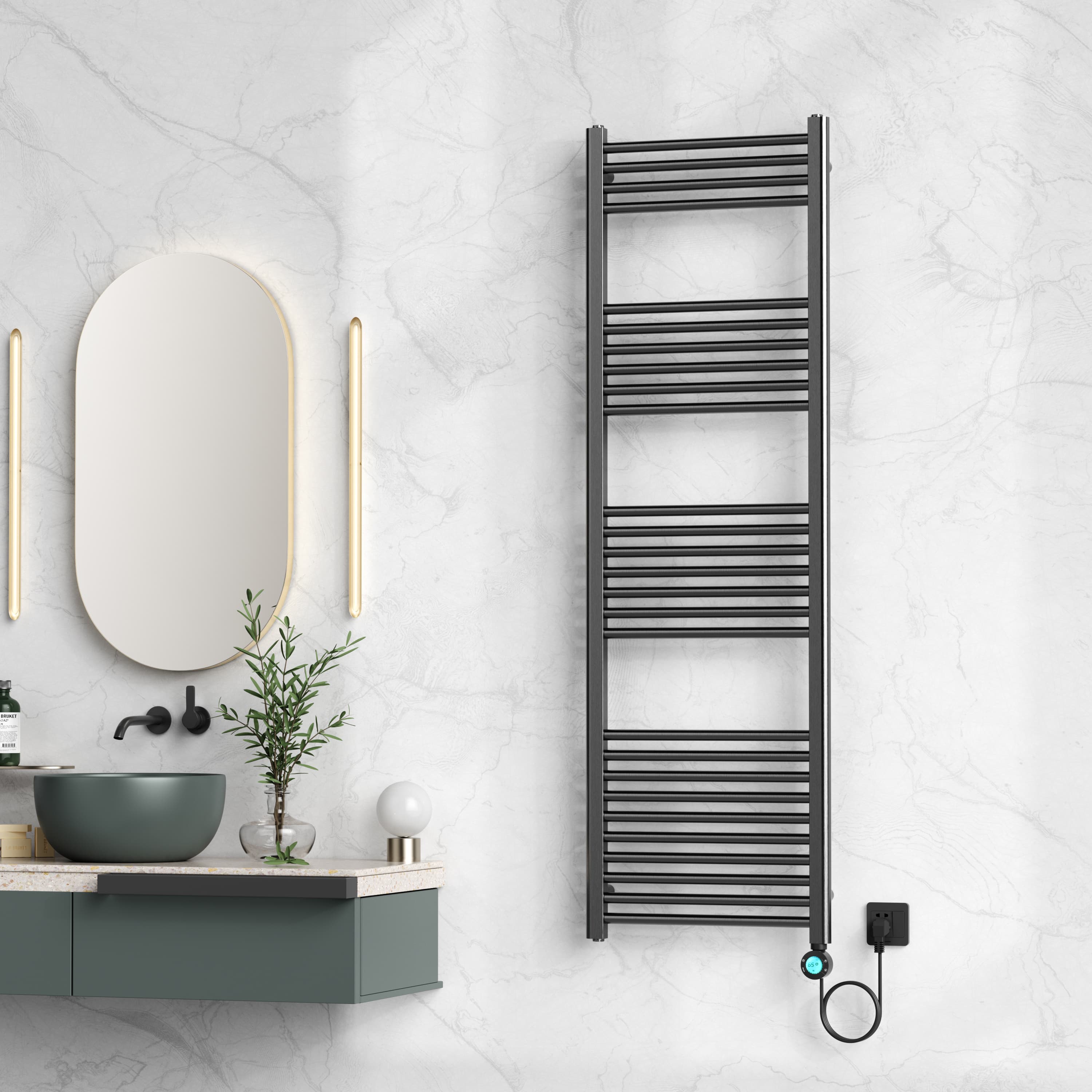BELRAD SÈCHE-SERVIETTES ÉLECTRIQUE – AVEC THERMOSTAT NUMÉRIQUE PROGRAMMABLE – SMART WIFI - RACCORD À DROITE – 900W – 1600X500 MM – GUNMETAL