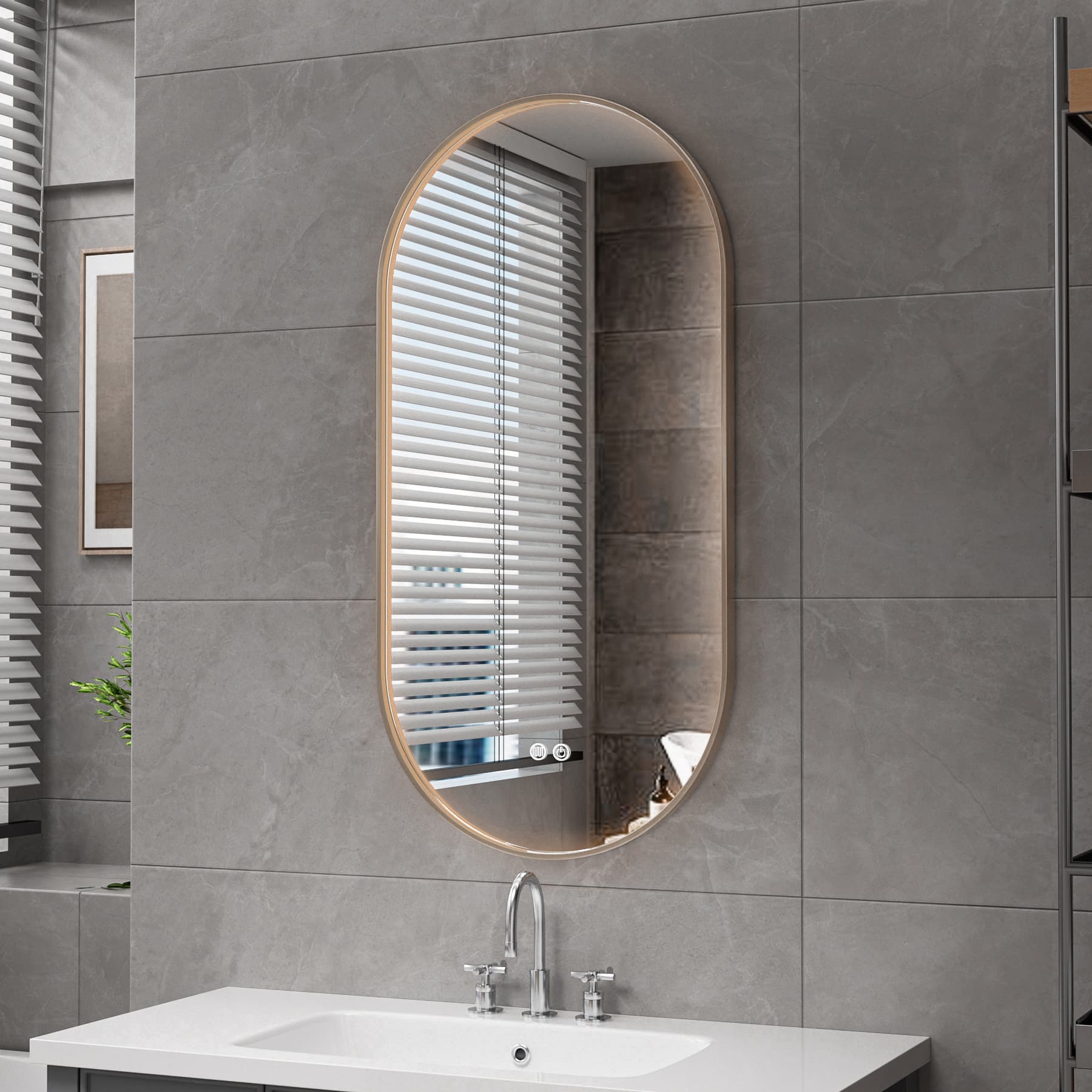 ALONI AVALO MIROIR - AVEC ÉCLAIRAGE LED - OVALE - AVEC CADRE - ANTI-BUÉE - TEMPÉRATURE DE COULEUR LED 3000-6000K - DIMMABLE - 50X100CM - BRUN BRONZE BROSSÉ