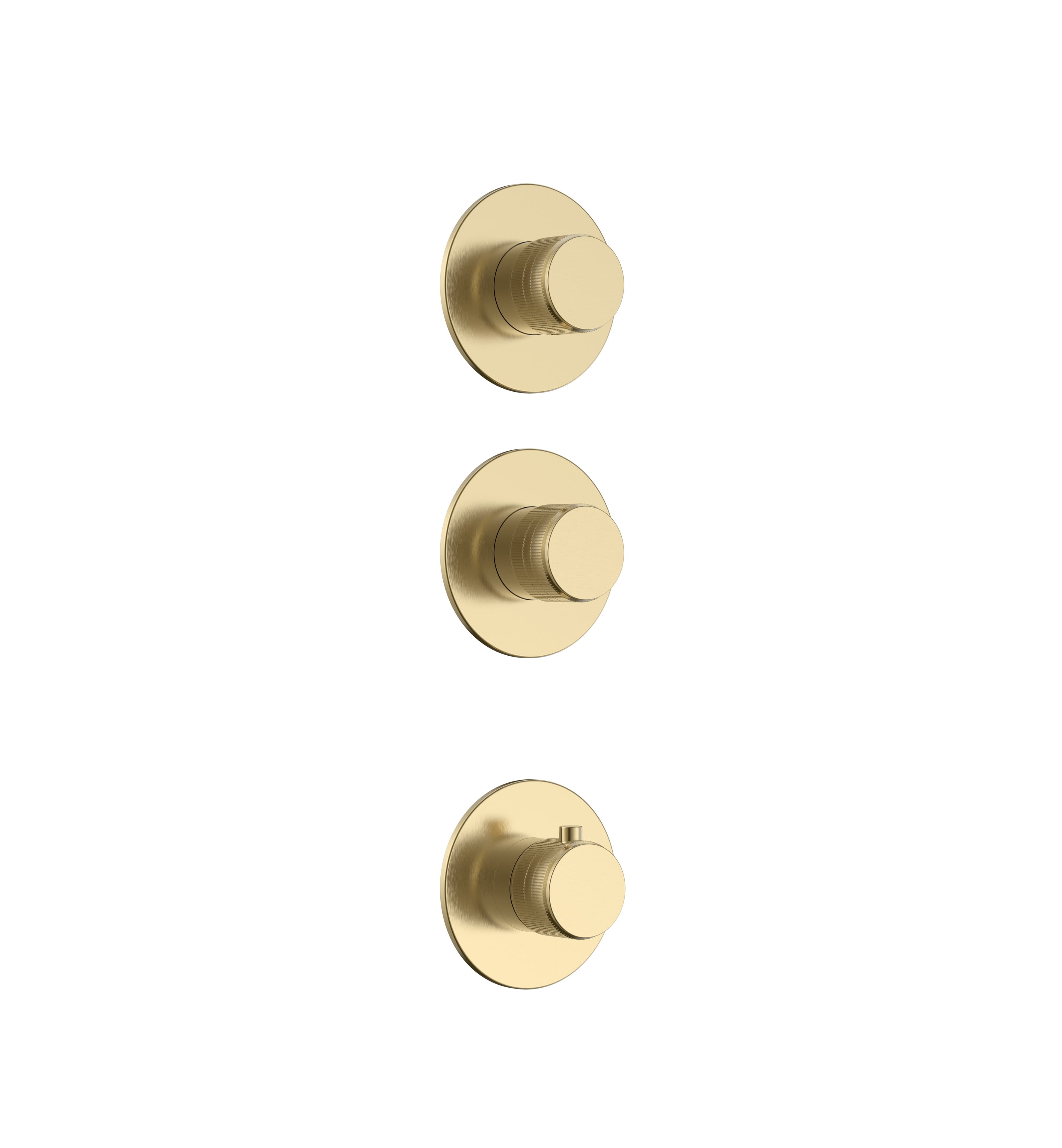 STRIA ÉLÉMENT DE FINITION POUR MITIGEUR DE DOUCHE – 2 VOIES AVEC 2 ROBINETS D’ARRÊT – THERMOSTATIQUE – ENCASTRÉ – RONDE – BOUTONS S AVEC STRUCTURE STRIÉE RAFFINÉE – OR BROSSÉ (PVD)