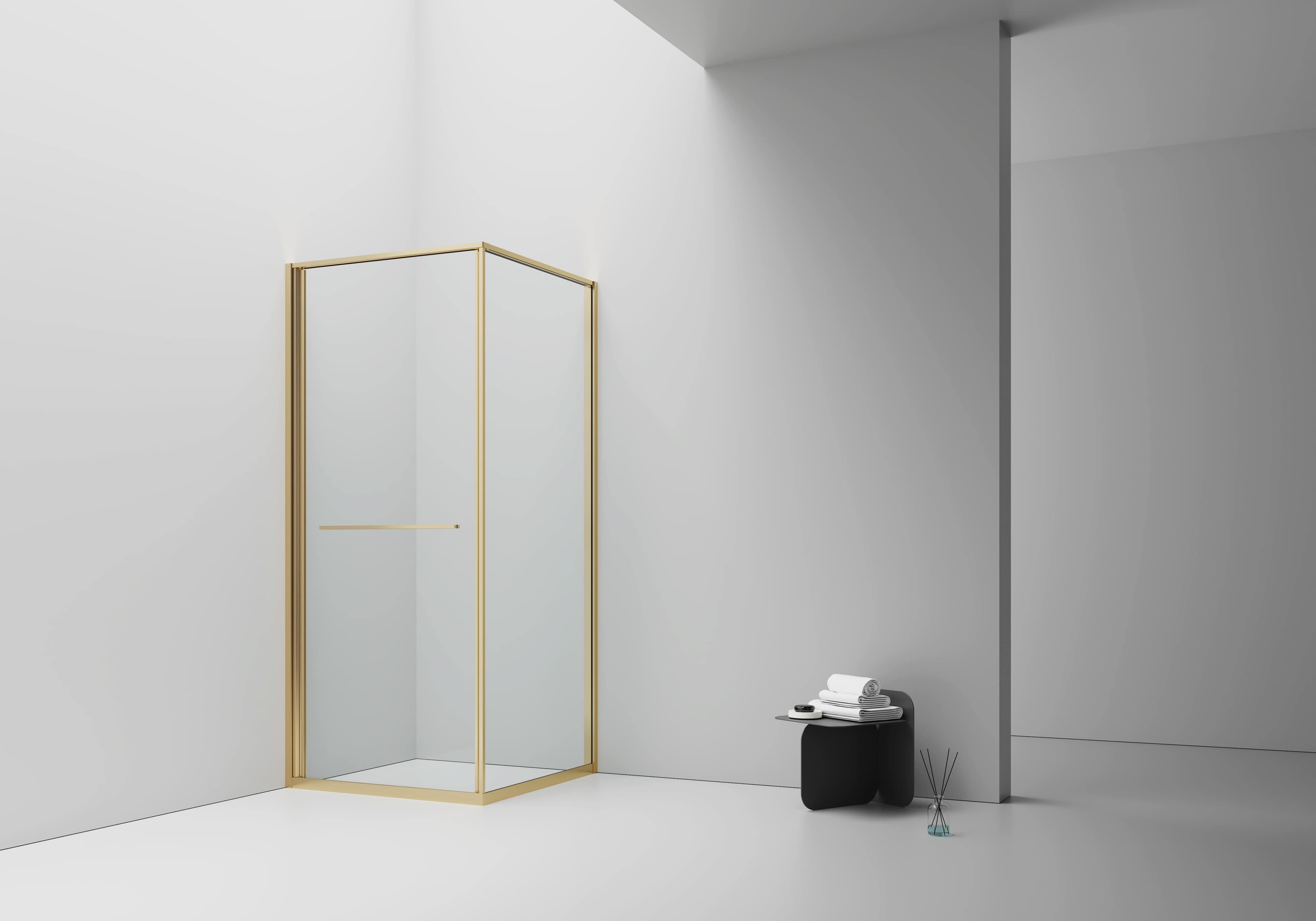 ALONI CABINE DE DOUCHE INSLIDE – PORTE COULISSANTE INTÉRIEURE ET PAROI LATÉRALE – GAIN DE PLACE – RÉVERSIBLE – VERRE DE SÉCURITÉ 6?MM – 90X90X200?CM – OR?BROSSÉ – VERRE CLAIR