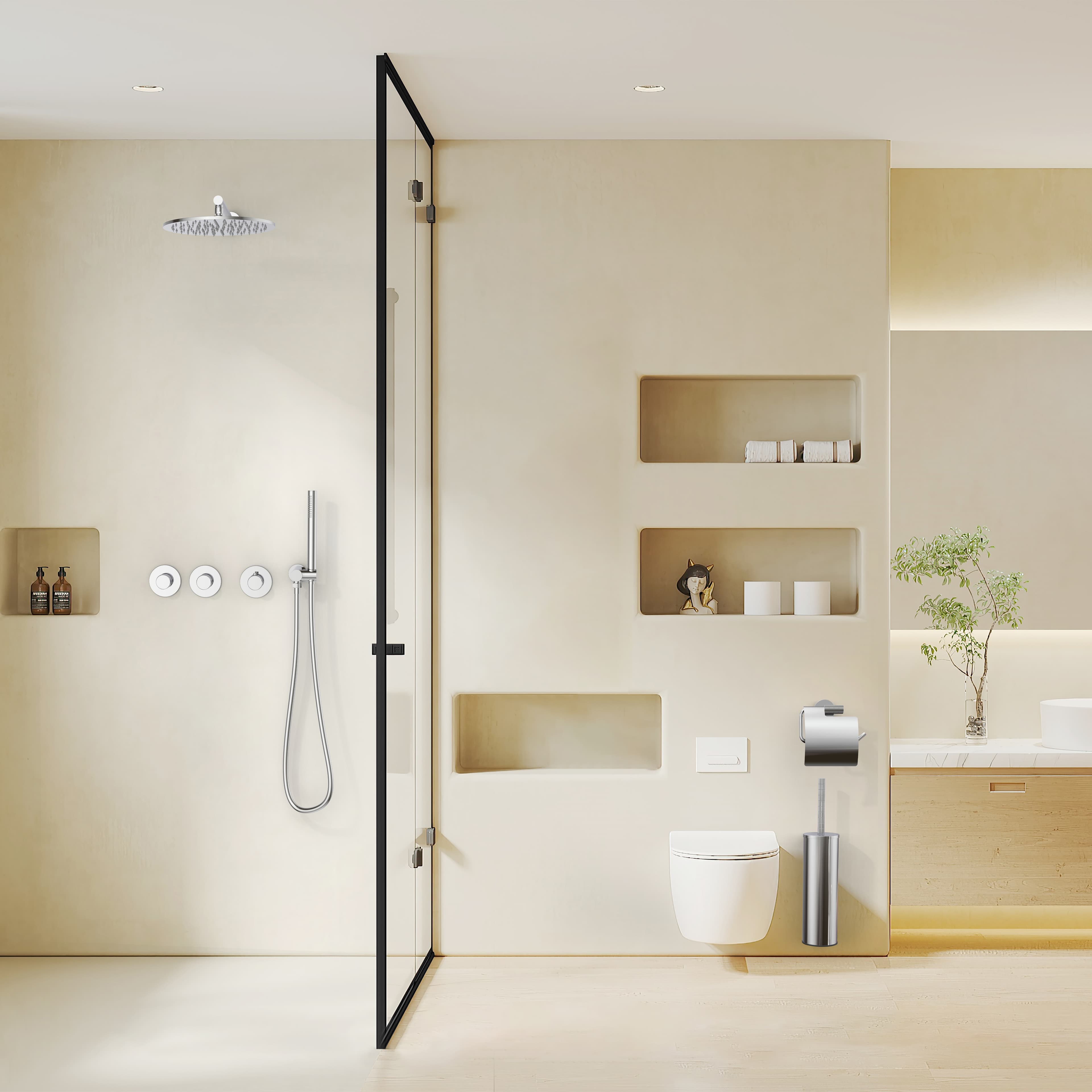 STRIA ÉLÉMENT DE FINITION POUR MITIGEUR DE DOUCHE – 2 VOIES AVEC 2 ROBINETS D’ARRÊT – THERMOSTATIQUE – ENCASTRÉ – RONDE – BOUTONS S AVEC STRUCTURE STRIÉE RAFFINÉE – CHROME