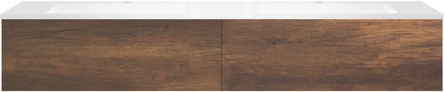 SOUS MEUBLE COFFEE 2 TIROIRS 180 DUO CHENE ROUILLE +DOUBLE LAVABO EN MARBRE SYNTHETIQUE BLANC MAT