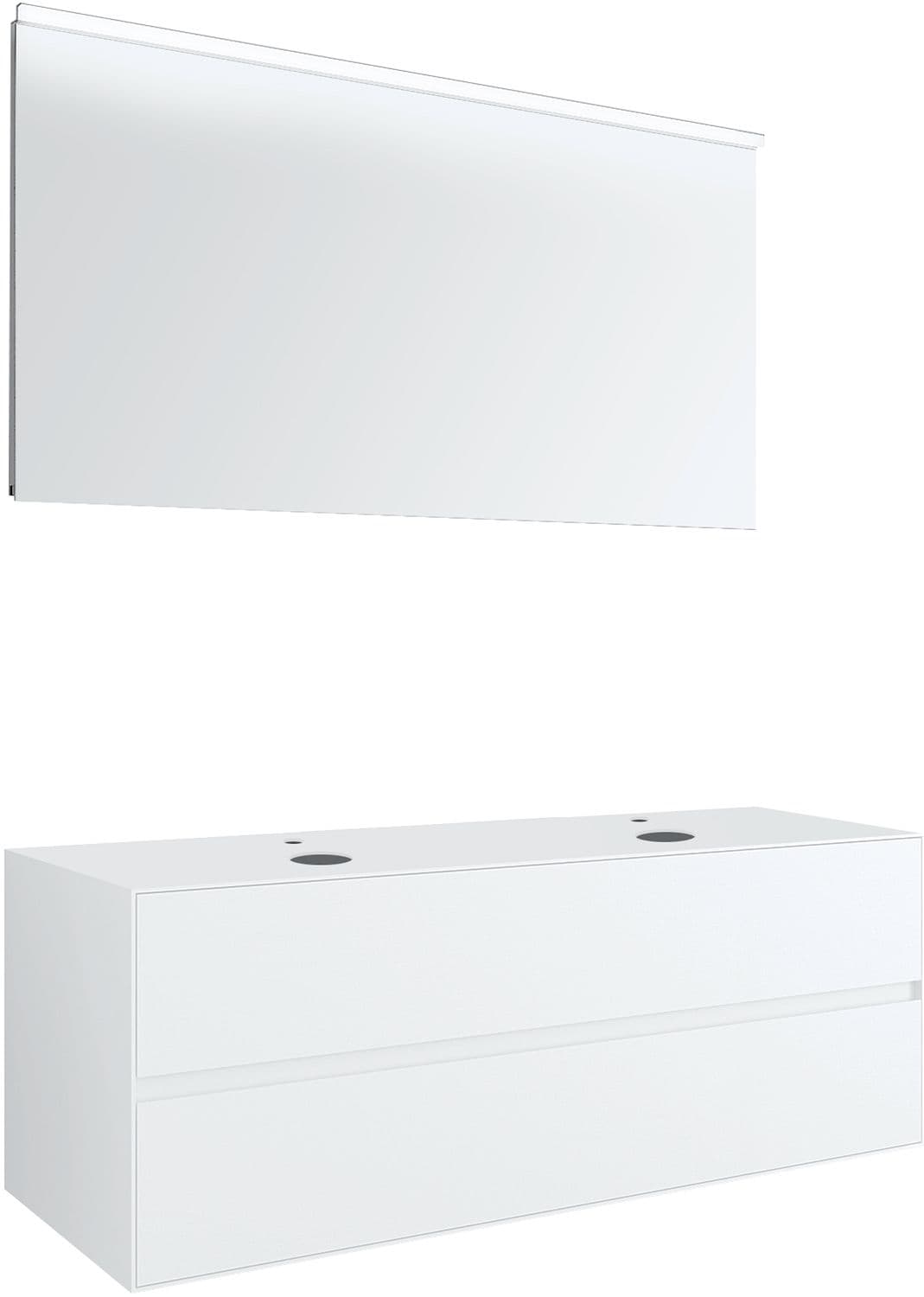MEUBLE 2 TIROIRS+ TABLET POUR 2 LAVABOS A POSER TENSO 140CM +TROUS ROBINETS BLANC AVEC MIROIR