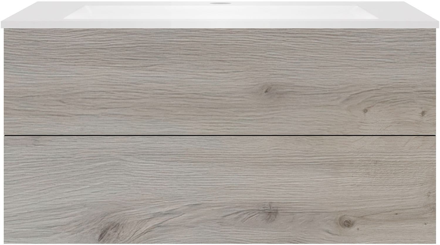 SOUS MEUBLE COFFEE 2 TIROIRS 120 CHENE ARGENT+LAVABO EN MARBRE SYNTHETIQUE BLANC MAT