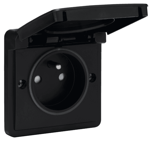 Splashproof socket outlet 16 A with pin earthing, shutters and screw terminals, black vue 1