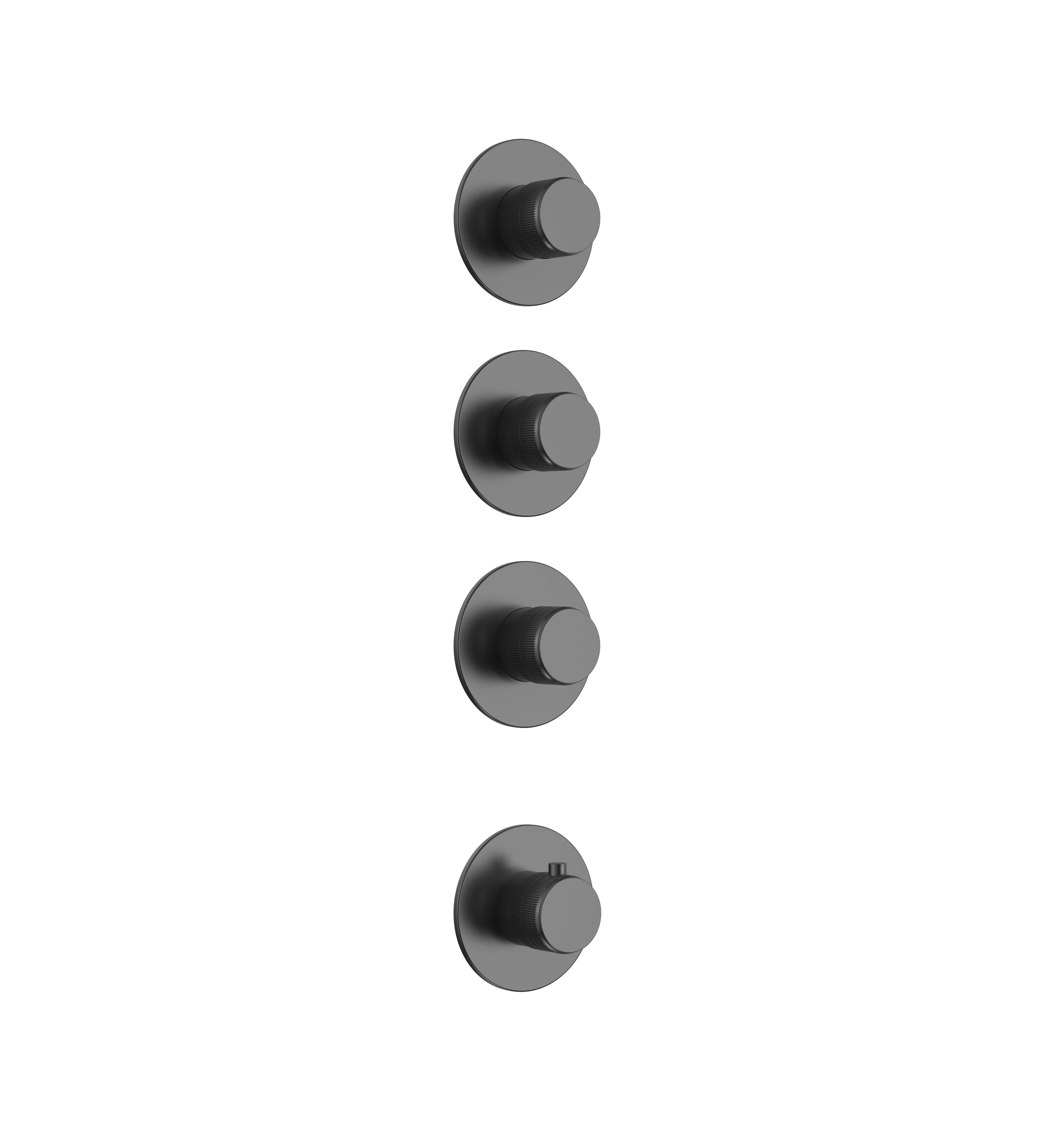 STRIA AFBOUWDEEL DOUCHEMENGKRAAN - 3 WEG MET 3 STOPKRANEN - THERMOSTATISCH - INBOUW - ROND - KNOPPEN MET VERFIJNDE RIBBELSTRUCTUUR - GUNMETAL (PVD) vue 1