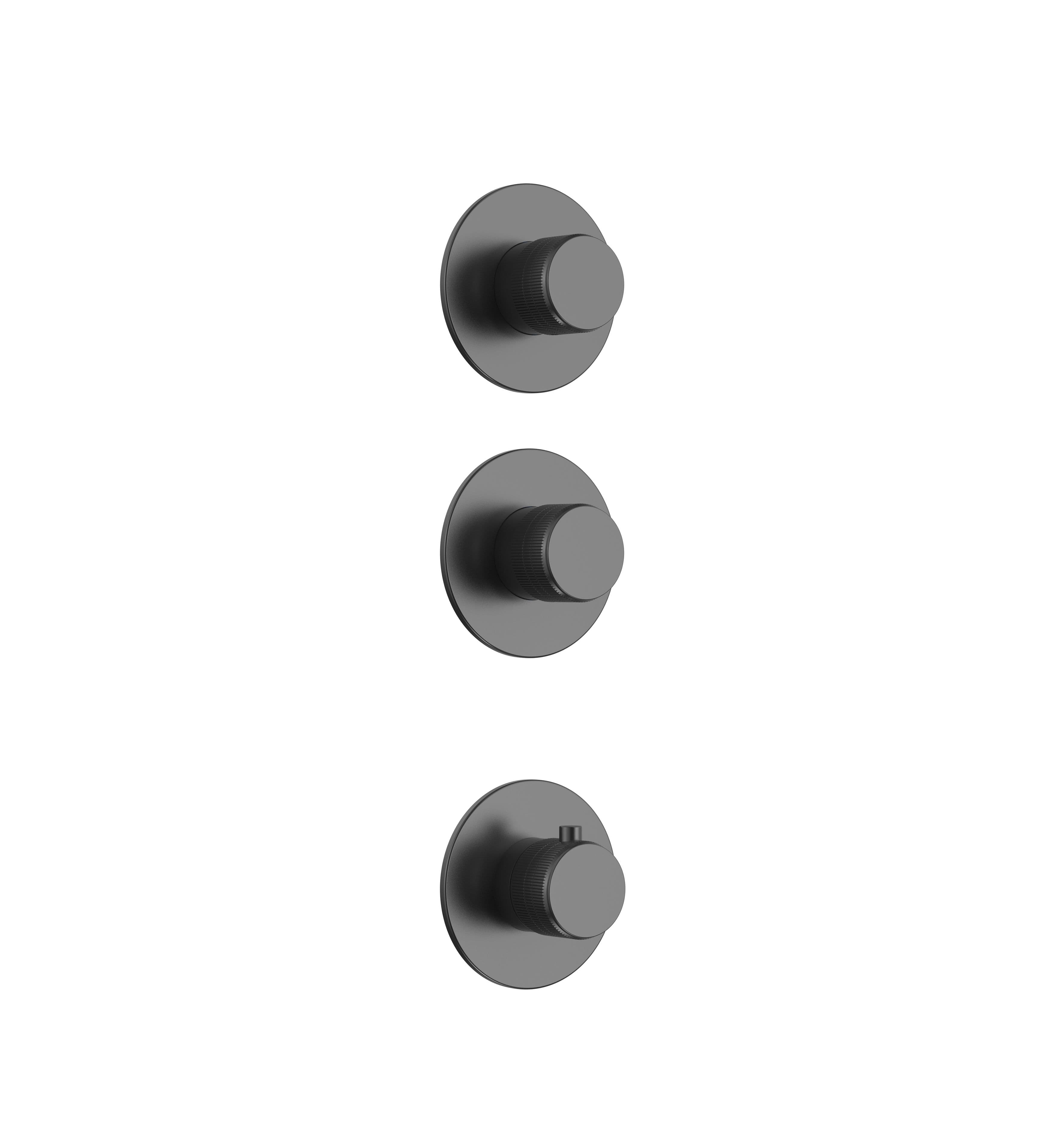 STRIA AFBOUWDEEL DOUCHEMENGKRAAN - 2 WEG MET 2 STOPKRANEN - THERMOSTATISCH - INBOUW - ROND - KNOPPEN MET VERFIJNDE RIBBELSTRUCTUUR - GUNMETAL (PVD) vue 1