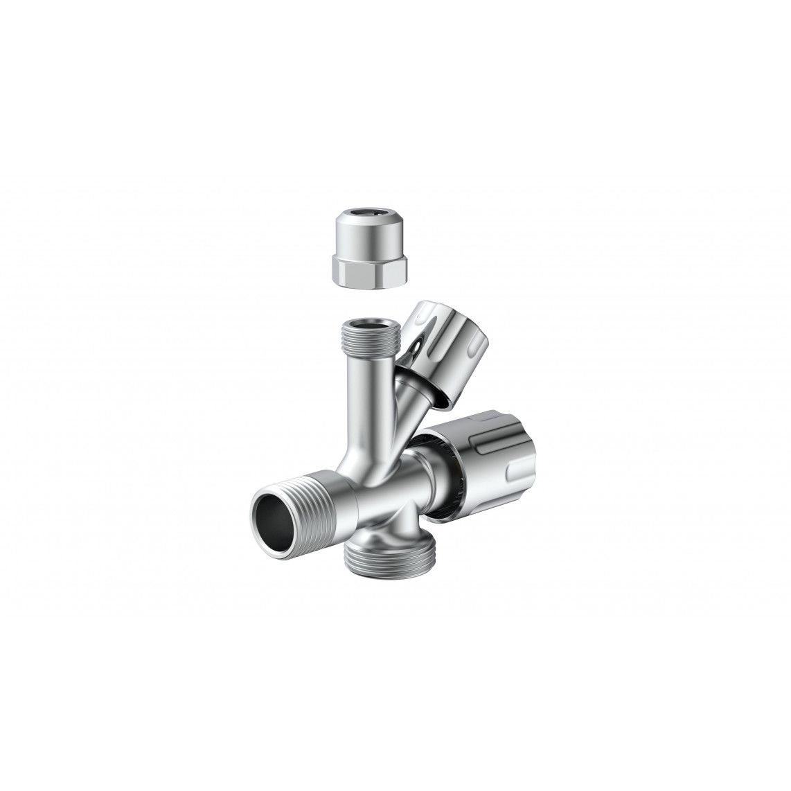 98480090 Additional angle valve, chrome, 1/2" male x 3/4" male x 3/8" male x 10mmQ vue 4