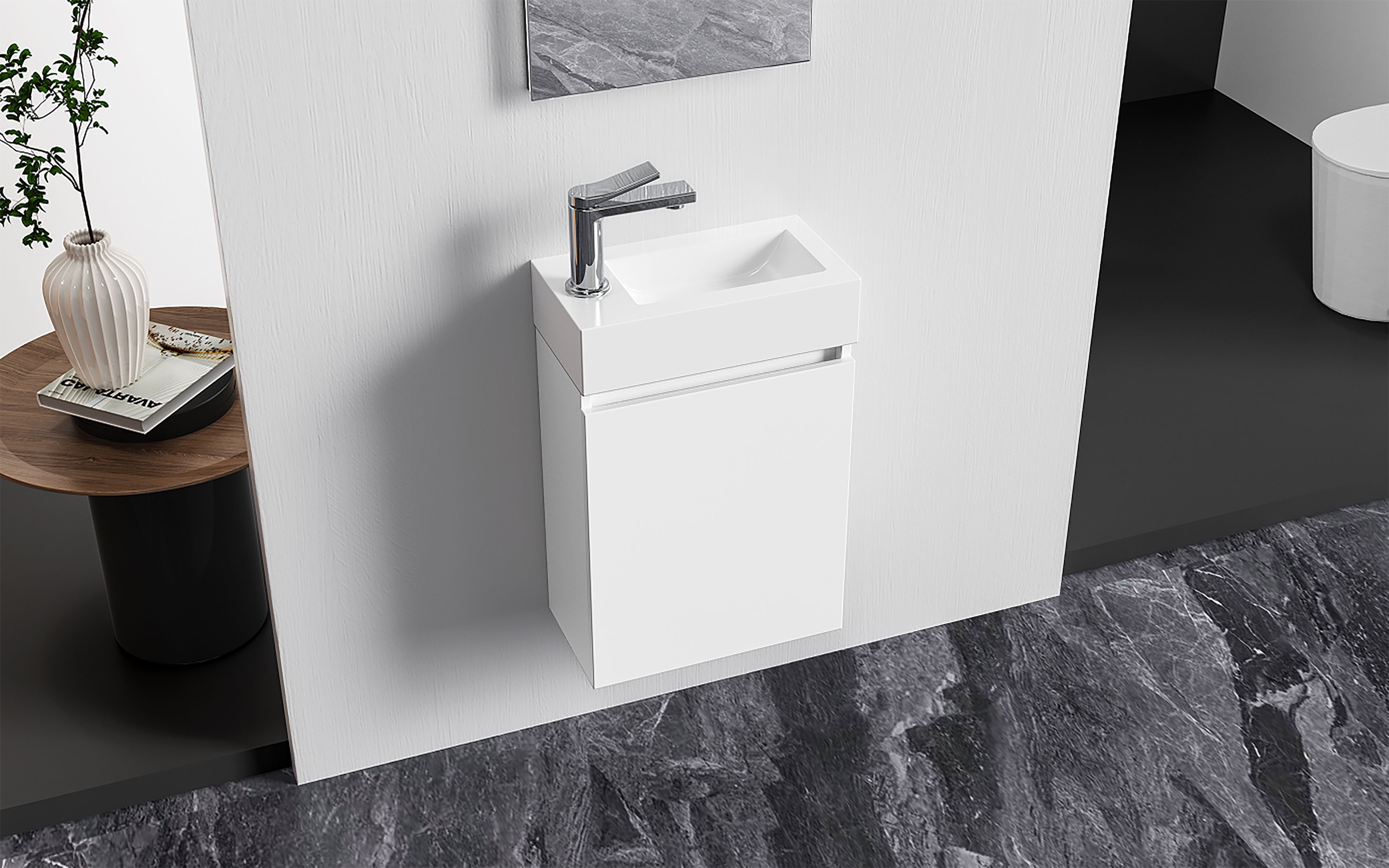 ALONI ZYRO ENSEMBLE DE MEUBLE DE TOILETTE - COMPLÈT - MEUBLE SOUS-VASQUE AVEC 1 PORTE - SANS POIGNÉE - SOFT CLOSE - RÉVERSIBLE - MIROIR - LAVE MAINS - 40,5X22,5 CM - BLANC BRILLANT vue 3