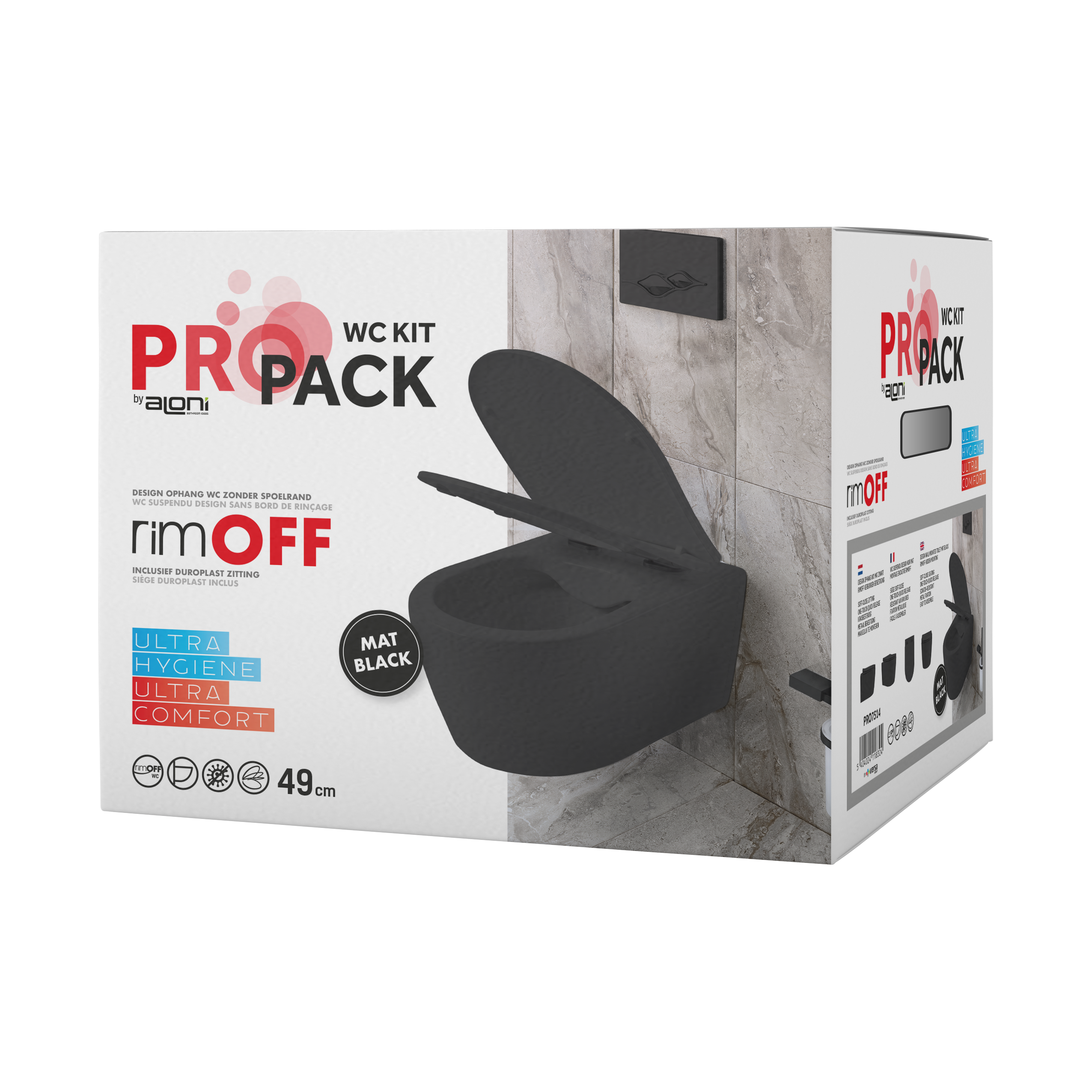 ALONI PRO WC SUSPENDU – SANS BRIDE – AVEC ABATTANT – DUROPLAST – SOFT CLOSE – QUICK RELEASE – COMPACT 49 CM - 36X32X49 CM – NOIR MAT vue 2