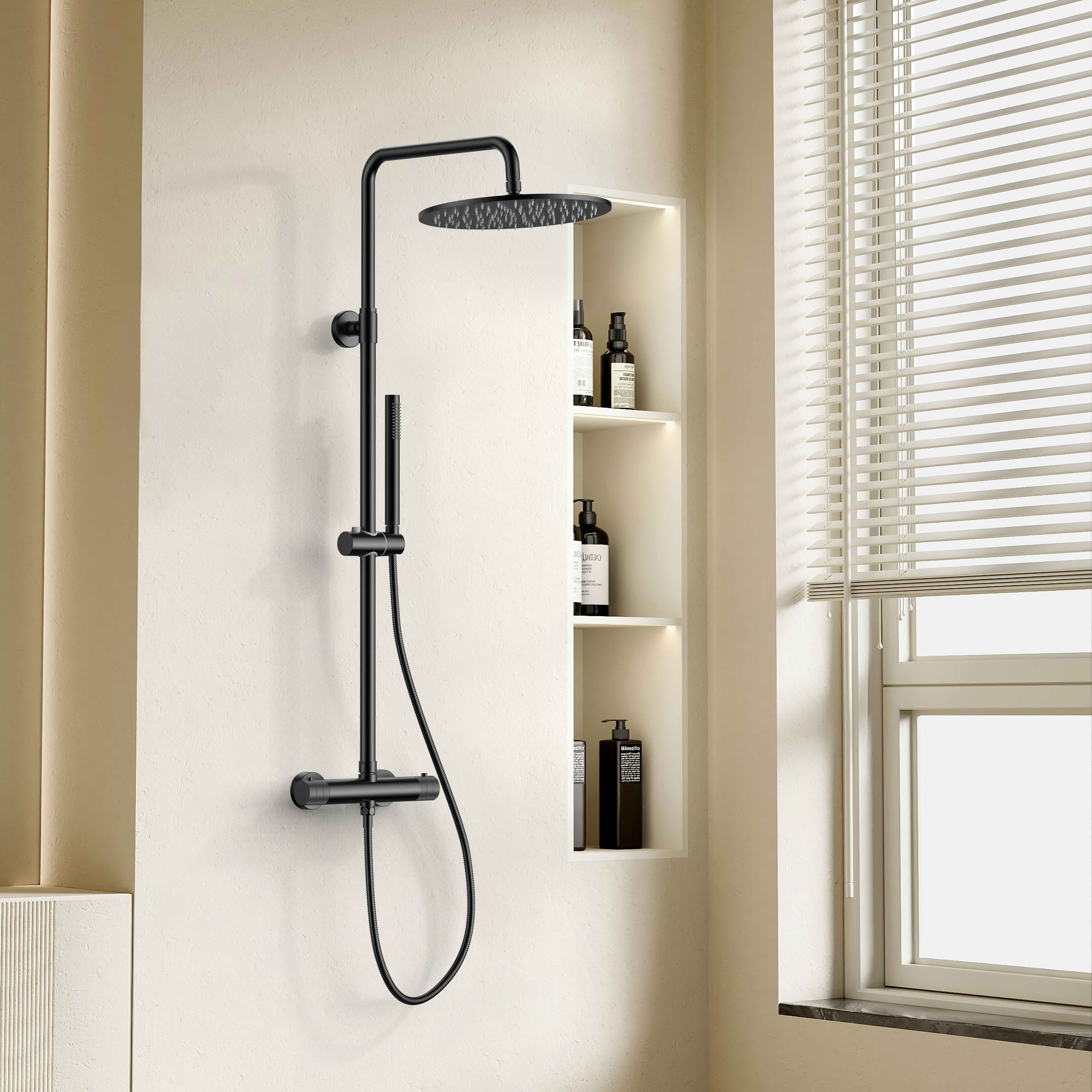STRIA ENSEMBLE DE DOUCHE PLUIE – THERMOSTATIQUE – COOL TOUCH – DOUCHE DE TÊTE 30 CM – MONTAGE APPARENTE – BOUTONS S AVEC STRUCTURE STRIÉE RAFFINÉE – BELGAQUA NOIR MAT (PVD) vue 3