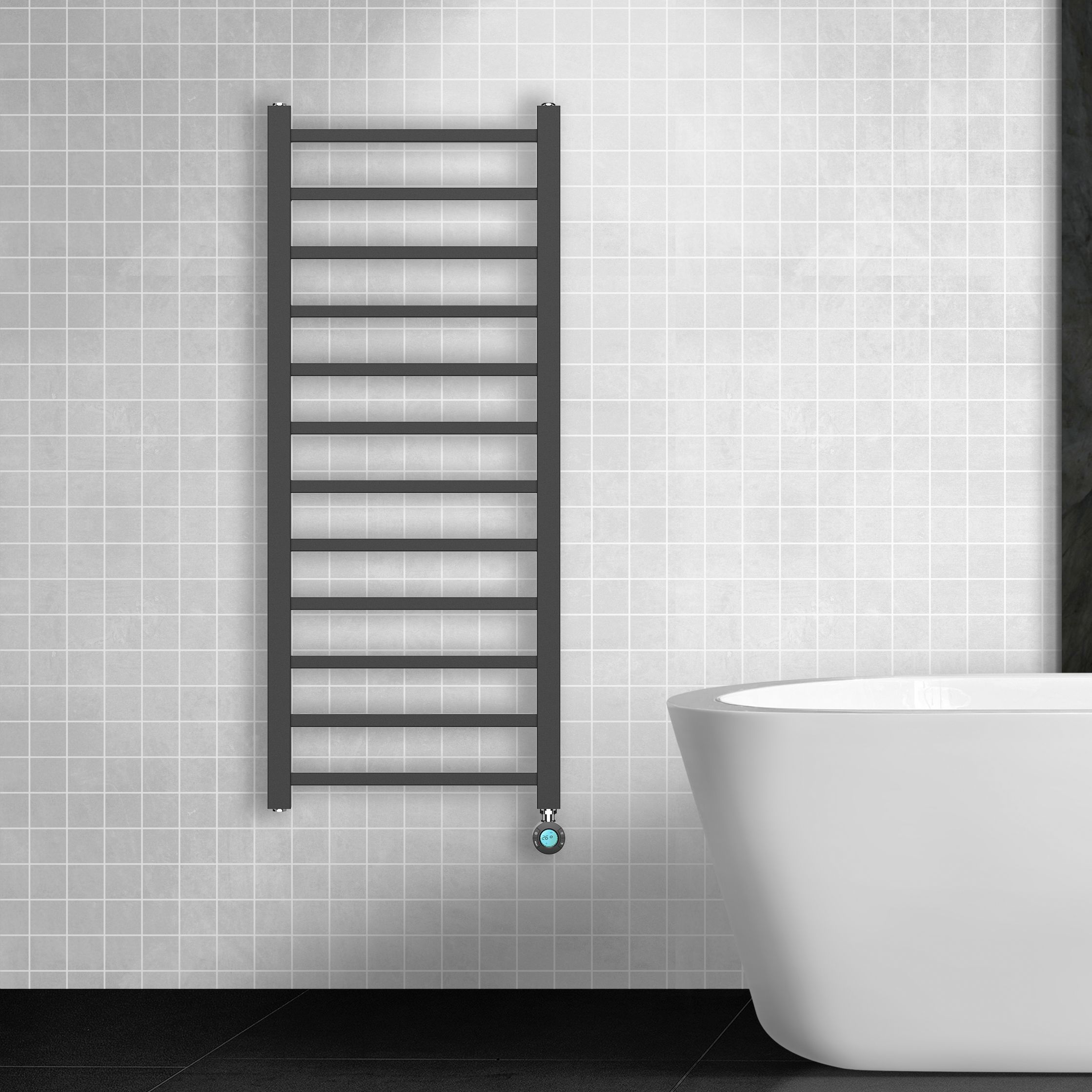 BELRAD SÈCHE-SERVIETTES ÉLECTRIQUE – AVEC THERMOSTAT NUMÉRIQUE PROGRAMMABLE – RACCORD À DROITE – 551W – 1600X500 MM – NOIR MAT vue 2