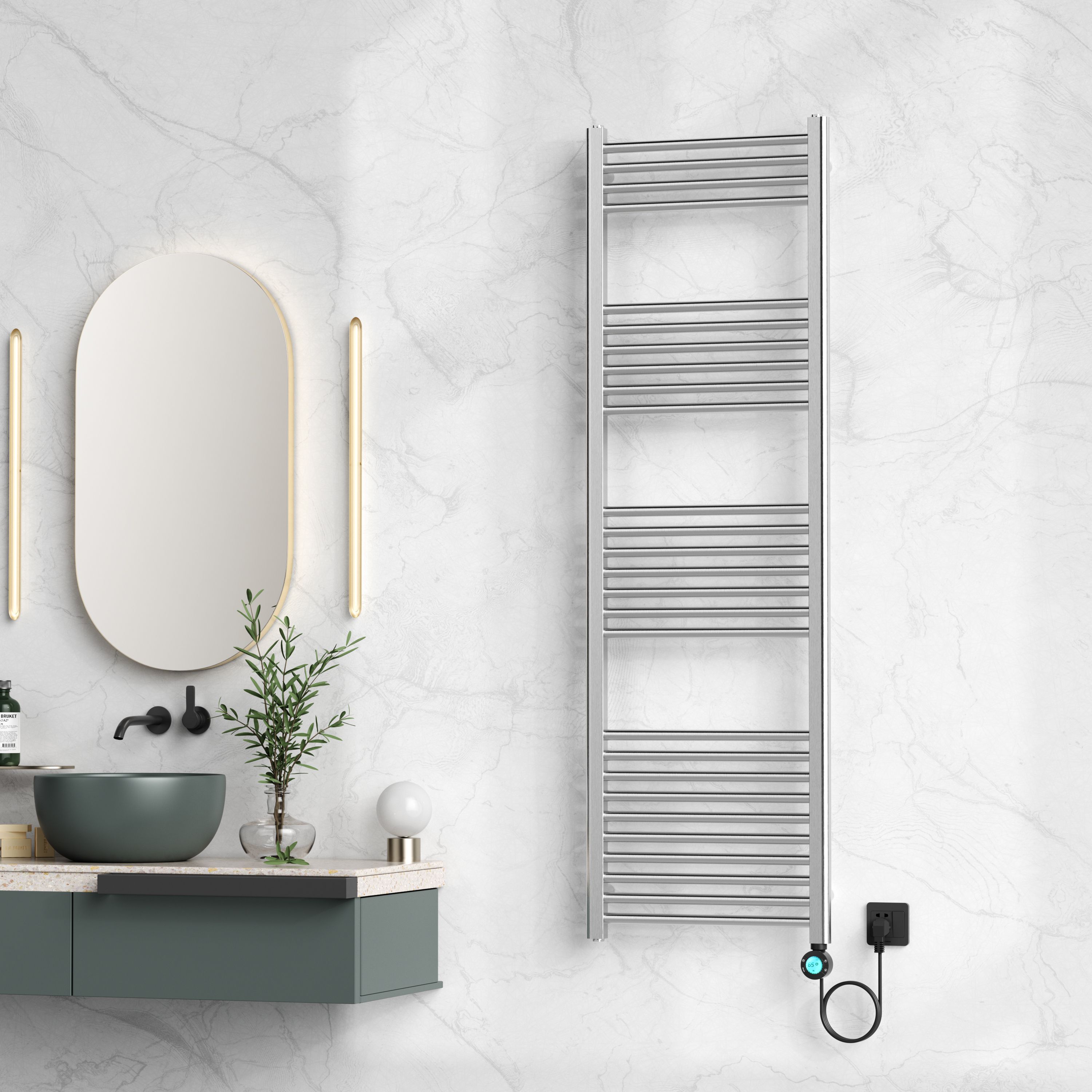 BELRAD SÈCHE-SERVIETTES ÉLECTRIQUE – AVEC THERMOSTAT NUMÉRIQUE PROGRAMMABLE – SMART WIFI - RACCORD À DROITE – 900W – 1600X500 MM – ACIER INOX BROSSÉ vue 2