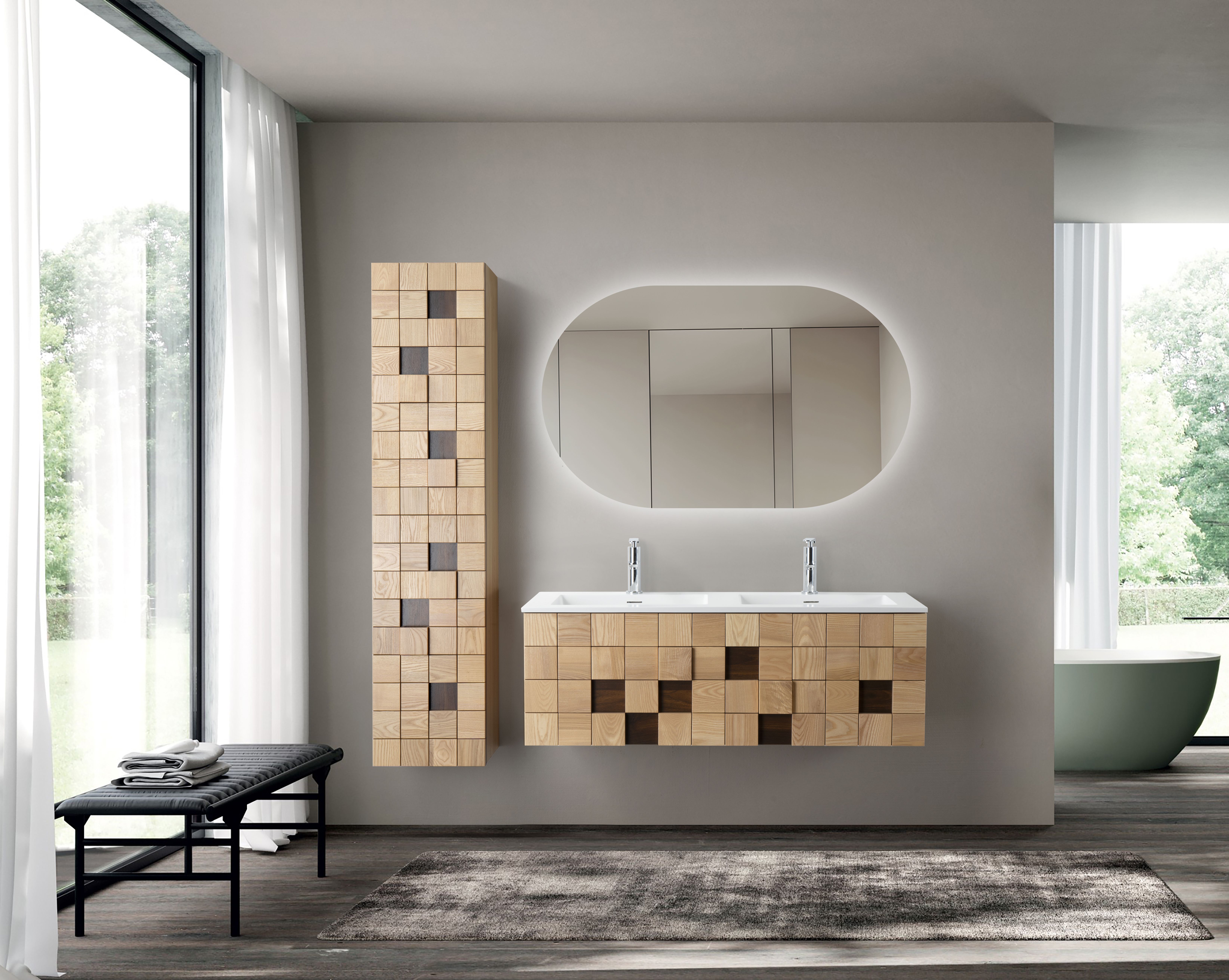 Wonda Round Slim Lavabo - 1 Vasque - Avec Trop-plein - 2 Trous Robinet - Marbre Composite - 120×1,6×52,5 CM - Blanc Mat