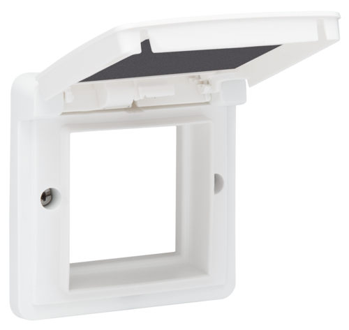 Cadre d’adaptation avec clapet pour fonctions 45 x 45 mm dans des boîtes de montage étanches, couleur blanc