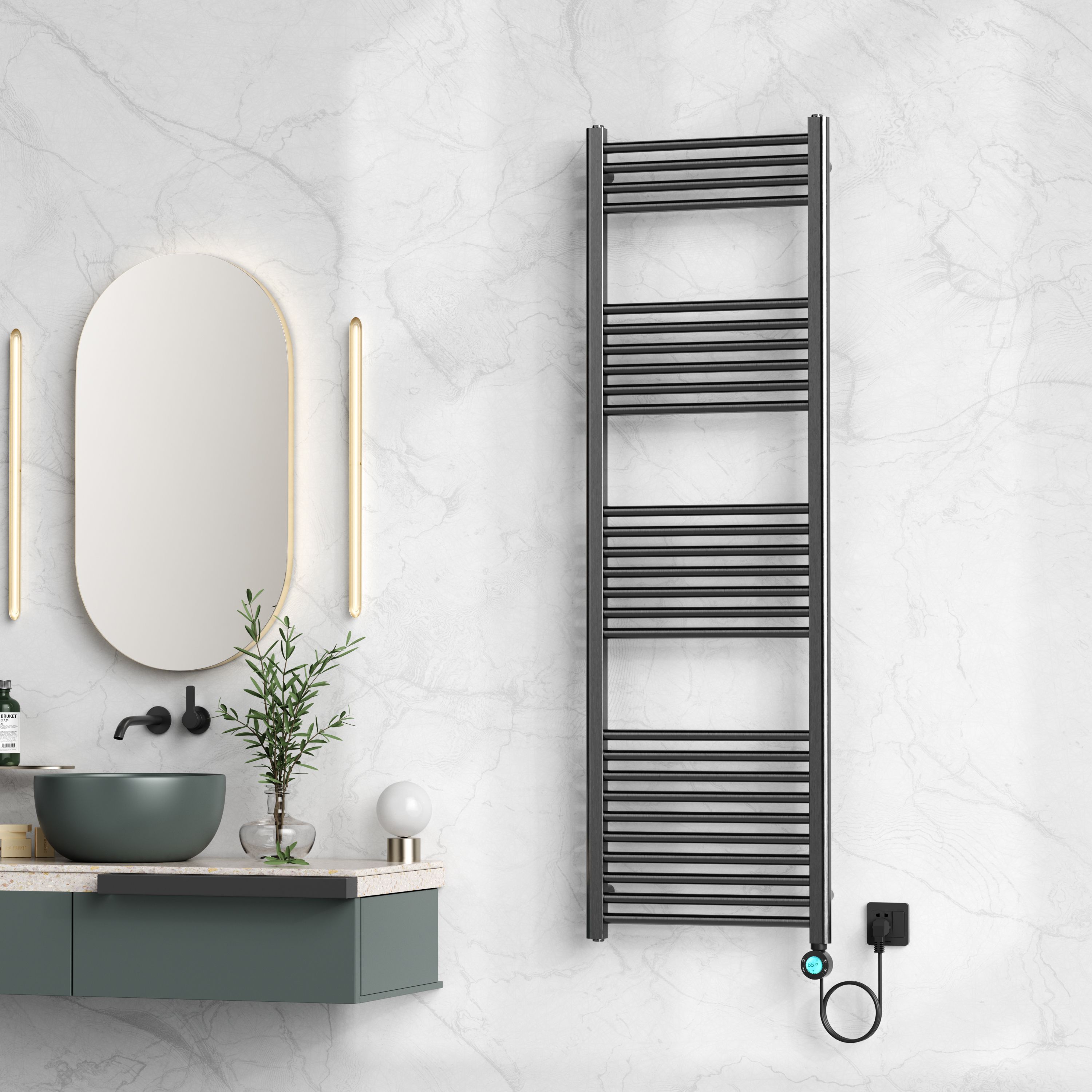 BELRAD SÈCHE-SERVIETTES ÉLECTRIQUE – AVEC THERMOSTAT NUMÉRIQUE PROGRAMMABLE – SMART WIFI - RACCORD À DROITE – 900W – 1600X500 MM – GUNMETAL vue 2