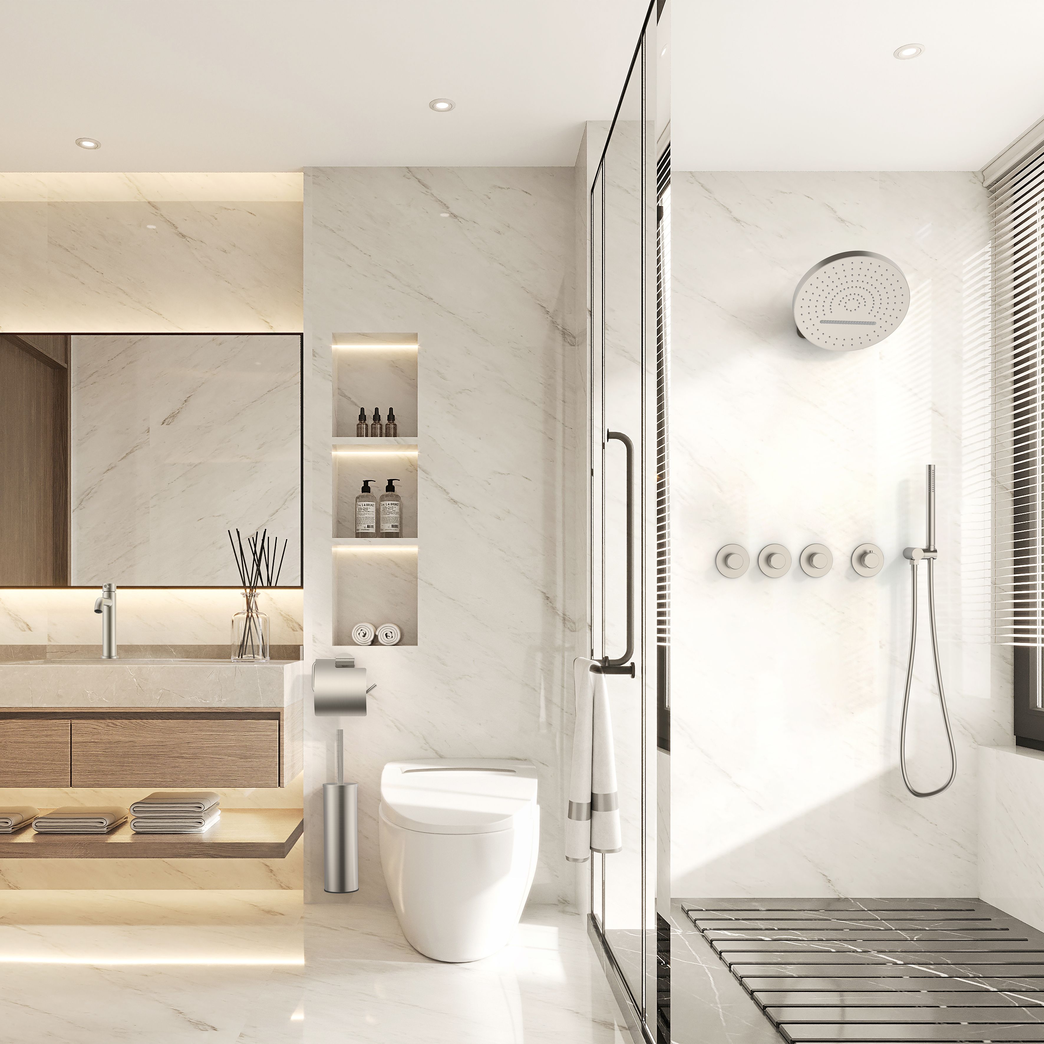 STRIA ÉLÉMENT DE FINITION POUR MITIGEUR DE DOUCHE – 3 VOIES AVEC 3 ROBINETS D’ARRÊT – THERMOSTATIQUE – ENCASTRÉ – RONDE – BOUTONS S AVEC STRUCTURE STRIÉE RAFFINÉE – ACIER INOX BROSSÉ vue 2