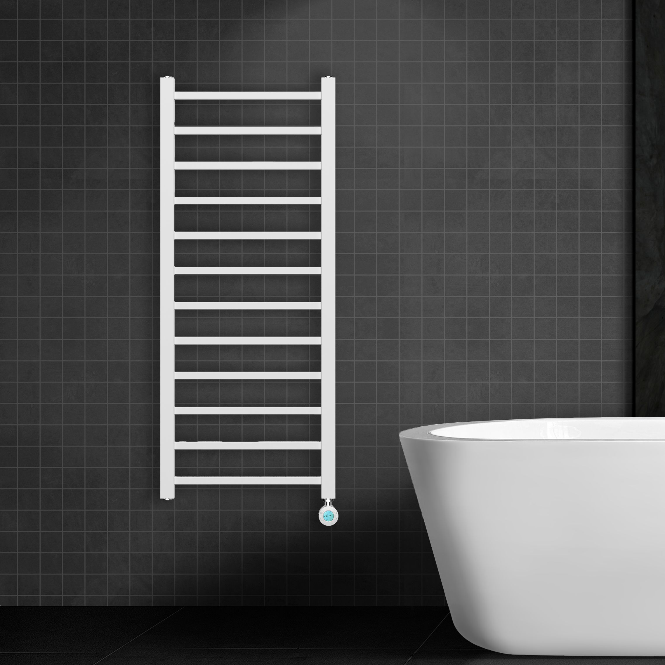 BELRAD SÈCHE-SERVIETTES ÉLECTRIQUE – AVEC THERMOSTAT NUMÉRIQUE PROGRAMMABLE – RACCORD À DROITE – 413W – 1200X500 MM – BLANC vue 2