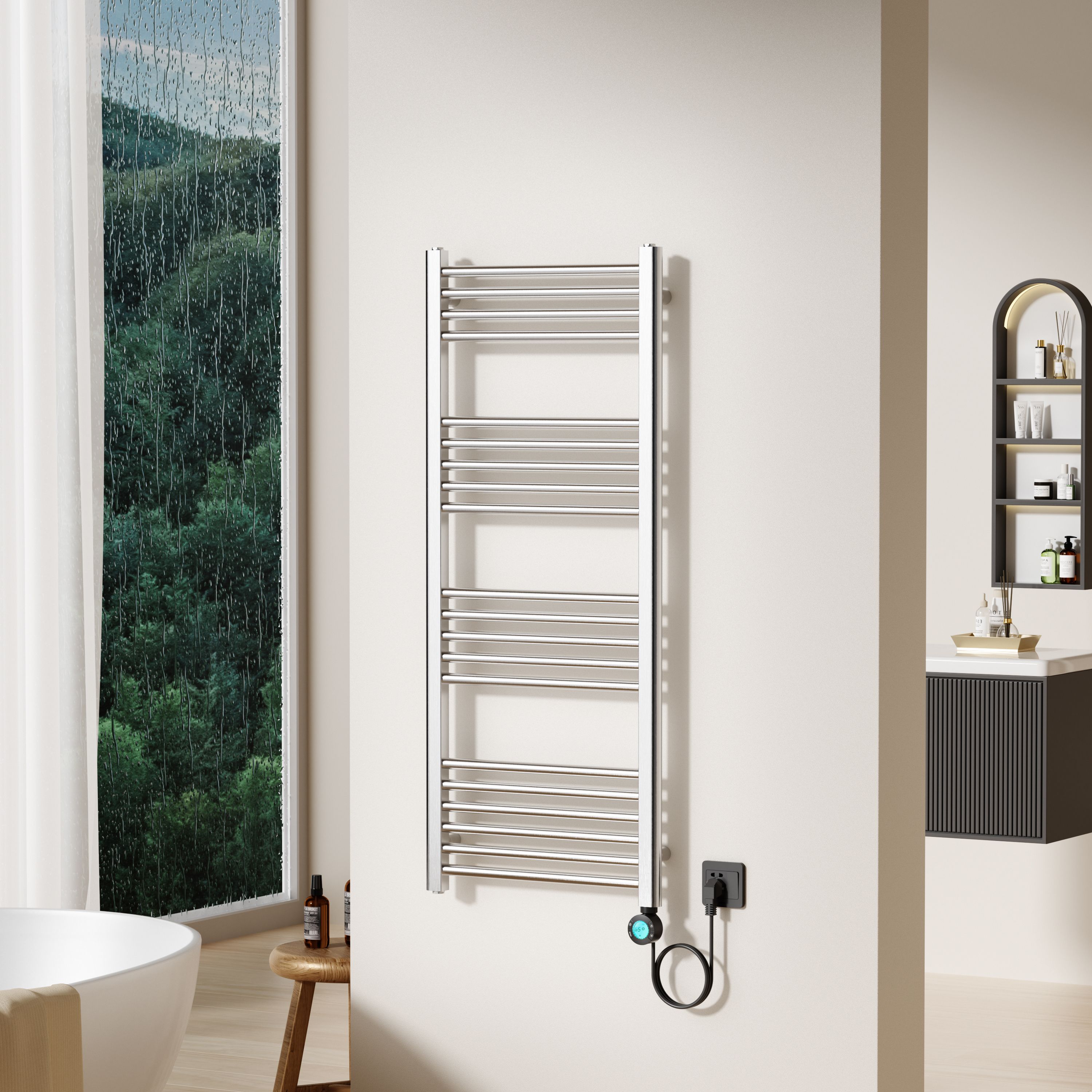 BELRAD ELEKTRISCHE HANDDOEKDROGER - MET DIGITALE, PROGRAMEERBARE THERMOSTAAT - SMART WIFI - AANSLUITING RECHTS - 700W - 1200X500 MM - GEBORSTELD RVS vue 2