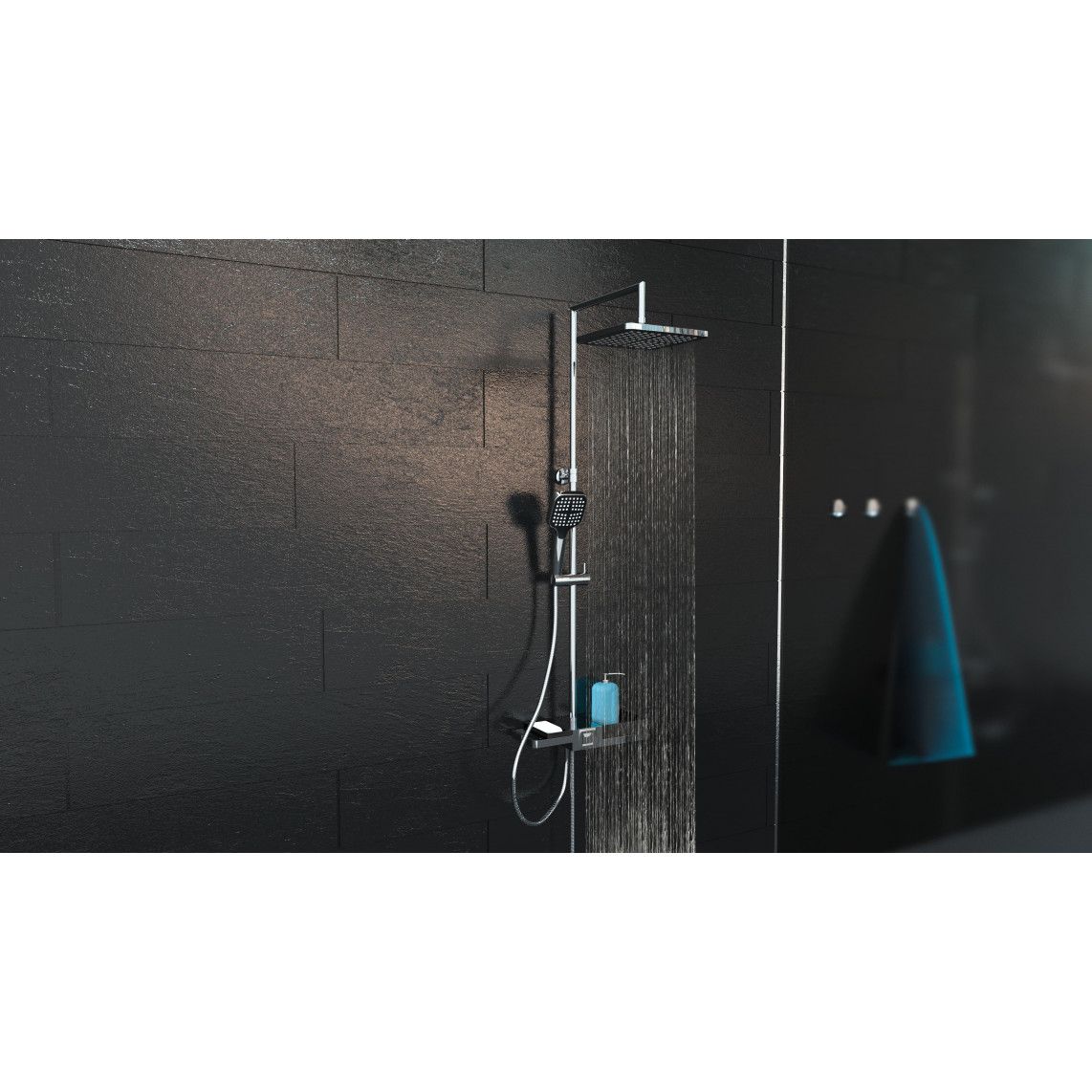 60566 BLUEPERL Overhead shower set, chrome/black, with tray vue 3