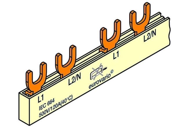Barrette isolée à fourchettes 10mm² - 4 pôles - 4 pôles 12 modules avec embouts