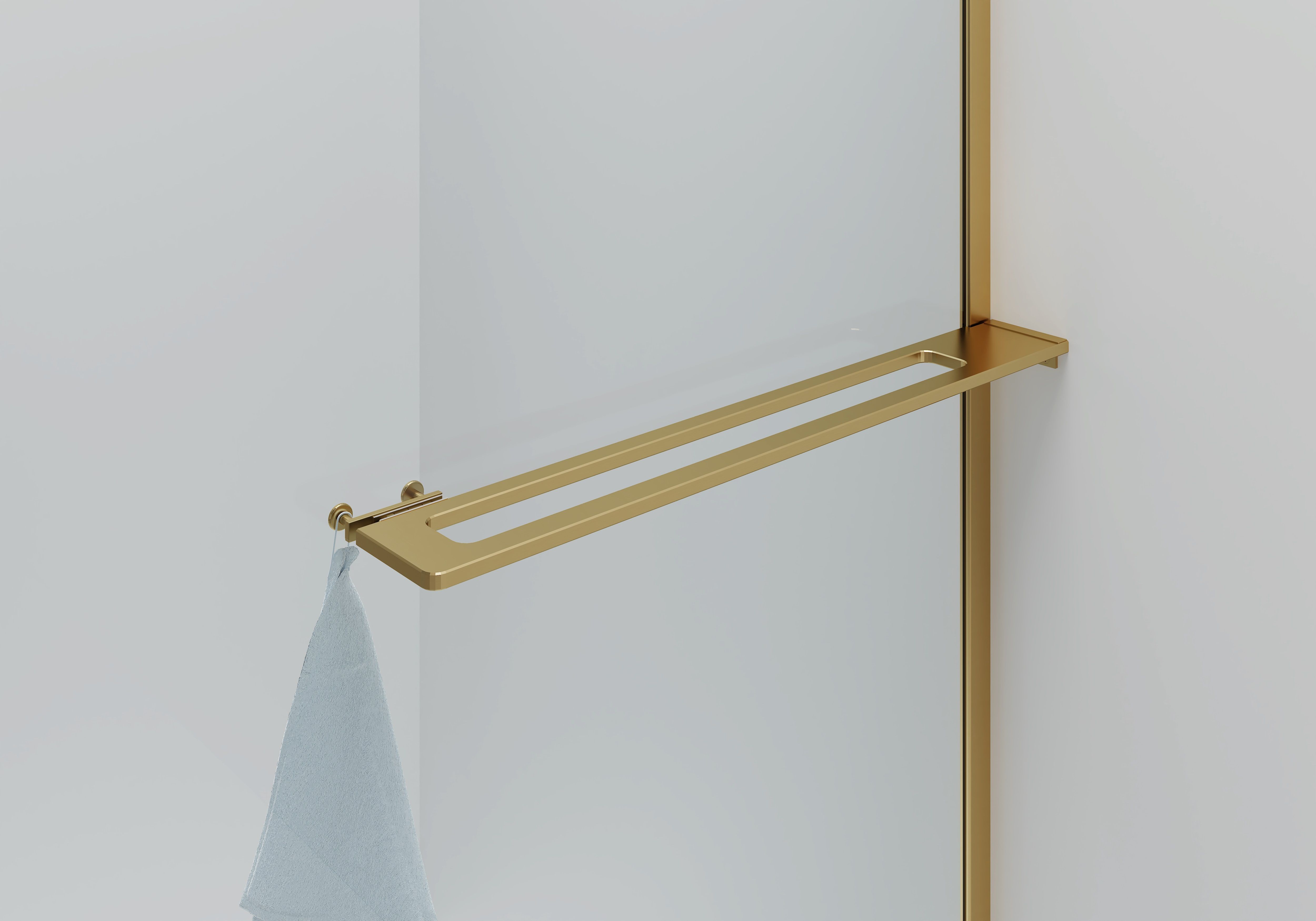 CURVY DOUCHE À L'ITALIENNE AVEC PORTE-SERVIETTE - COURBÉE - TRAITEMENT ANTI-CALCAIRE - RÉVERSIBLE - VERRE DE SÉCURITÉ 8MM - 100X200CM - OR BROSSÉ - VERRE CLAIR vue 2