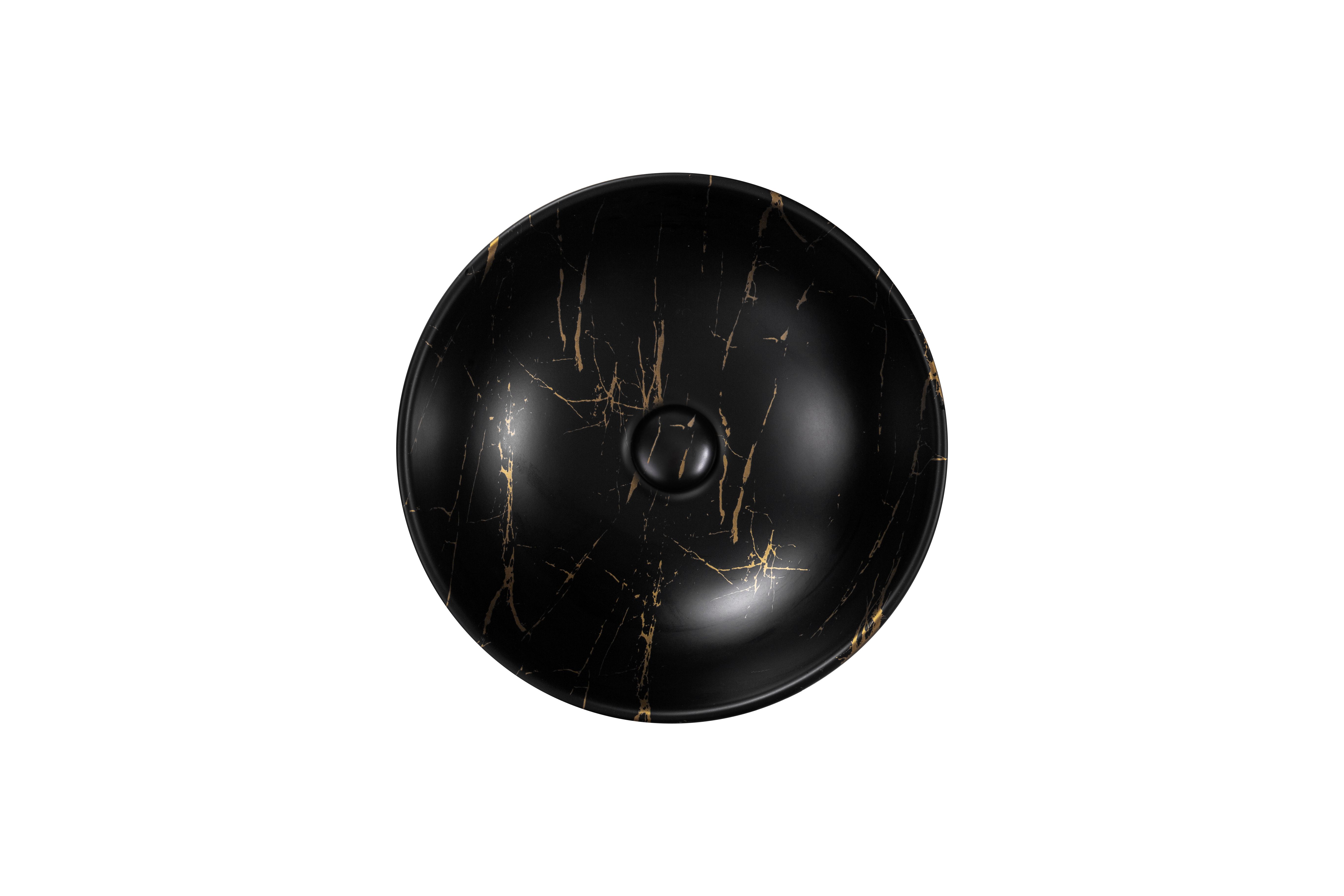Aloni Tivra Lavabo - À Poser – Sans Trop-plein – Sans Trou DE Robinet – Avec Bonde Clic-clac – Céramique – 38×13×38 CM – Marbre Noir/or