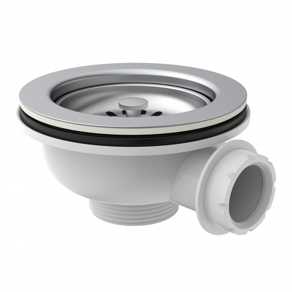 98835340 KS korfventiel, 1 1/2"BU, RVS ontruimingskelk & zeef Ø114 mm, met 1" overloop aansluiting vue 3