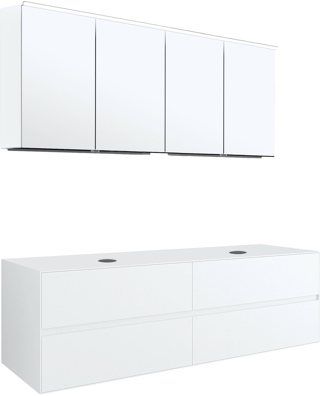 MEUBEL 4LADES+TABLET VOOR 2 OPBOUWLAVABOS TENSO 160CM ZONDER KRAANGAT WIT MET SPIEGELKAST vue 1