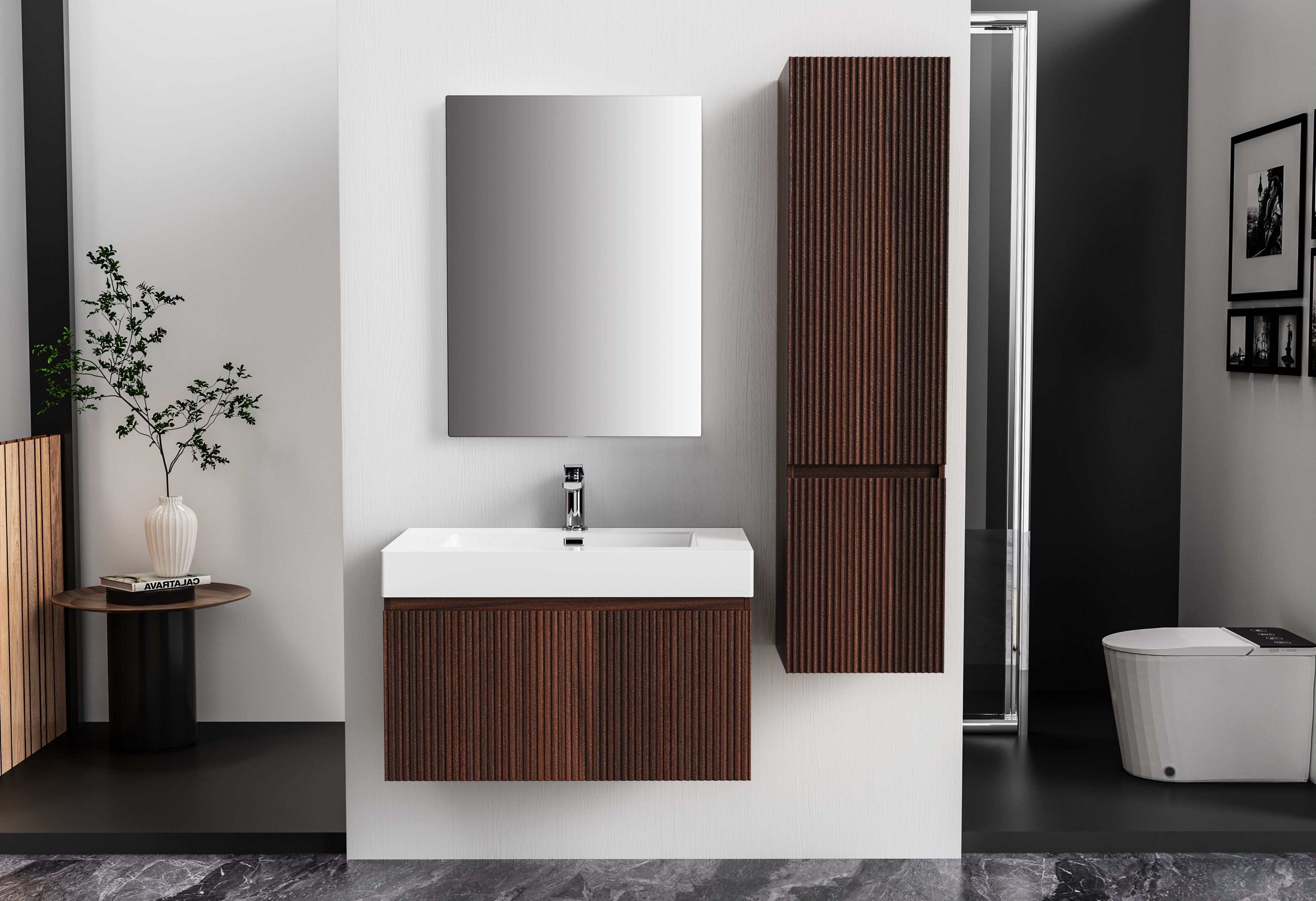 Aloni Ela Colonne - 2 Portes - Sans Poignee - Soft Close - Reversible - 35×135×35 CM - Wenge