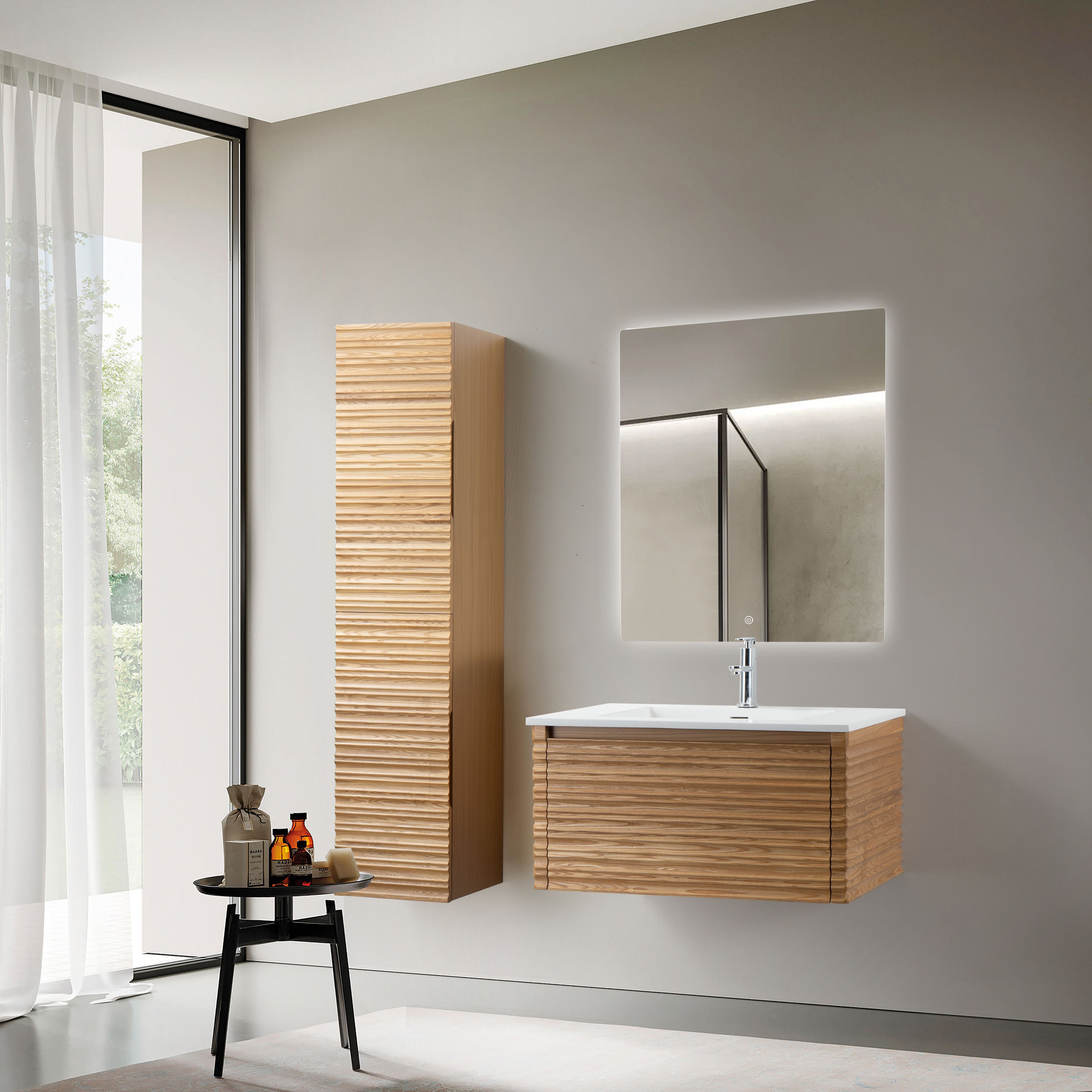 KAMELLIA MEUBLE SOUS-VASQUE - 1 TIROIR - SANS POIGNÉE - SOFT CLOSE – 79X40X52 CM - NOYER CLAIR vue 5