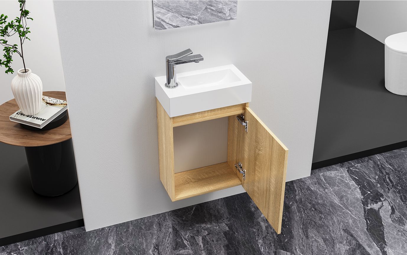 Aloni Zyro Ensemble DE Meuble DE Toilette - Complèt - Meuble Sous-vasque Avec 1 Porte - Sans Poignée - Soft Close - Réversible - Miroir - Lave Mains - 40,5×22,5 CM - Chêne Clair/blanc Brillant