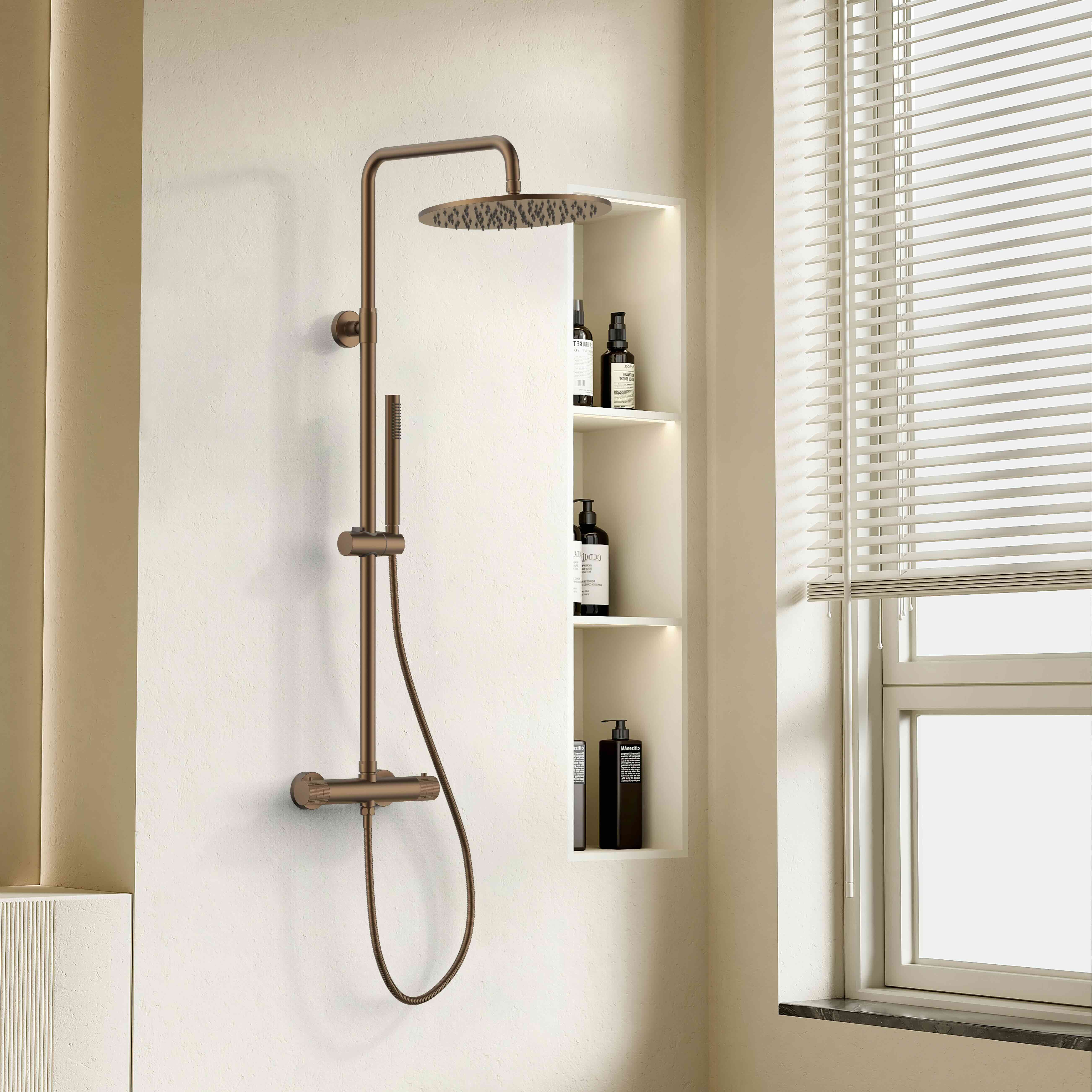 STRIA REGENDOUCHESET - THERMOSTATISCH - COOL TOUCH - HOOFDDOUCHE 30 CM - OPBOUW - KNOPPEN MET VERFIJNDE RIBBELSTRUCTUUR - BELGAQUA - BRUIN BRONS (PVD) vue 3