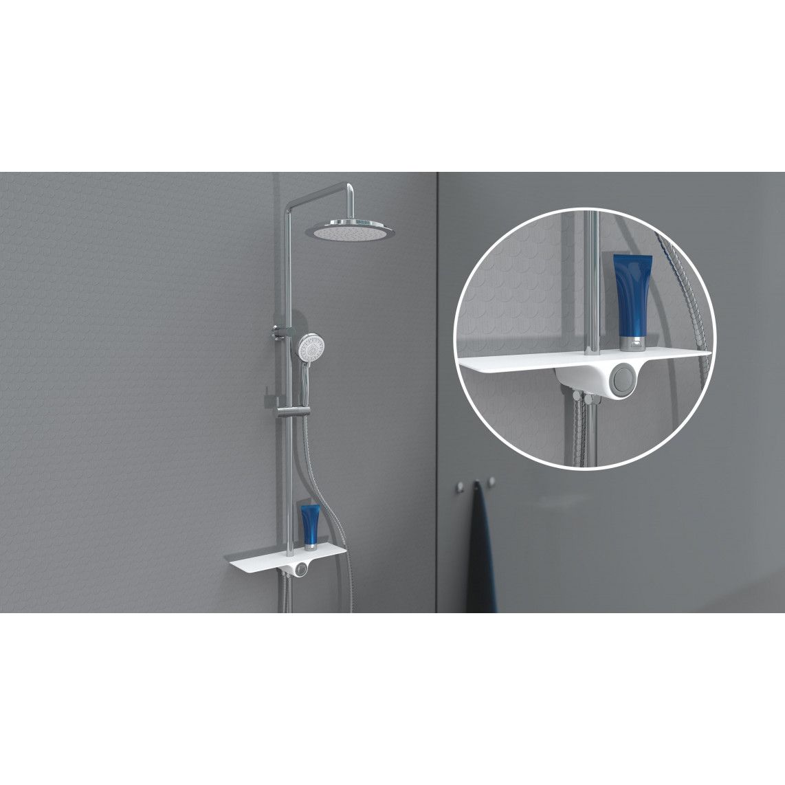 60500 AQUASTAR Overhead shower set, chrome/white, with tray (mid diverter) vue 7