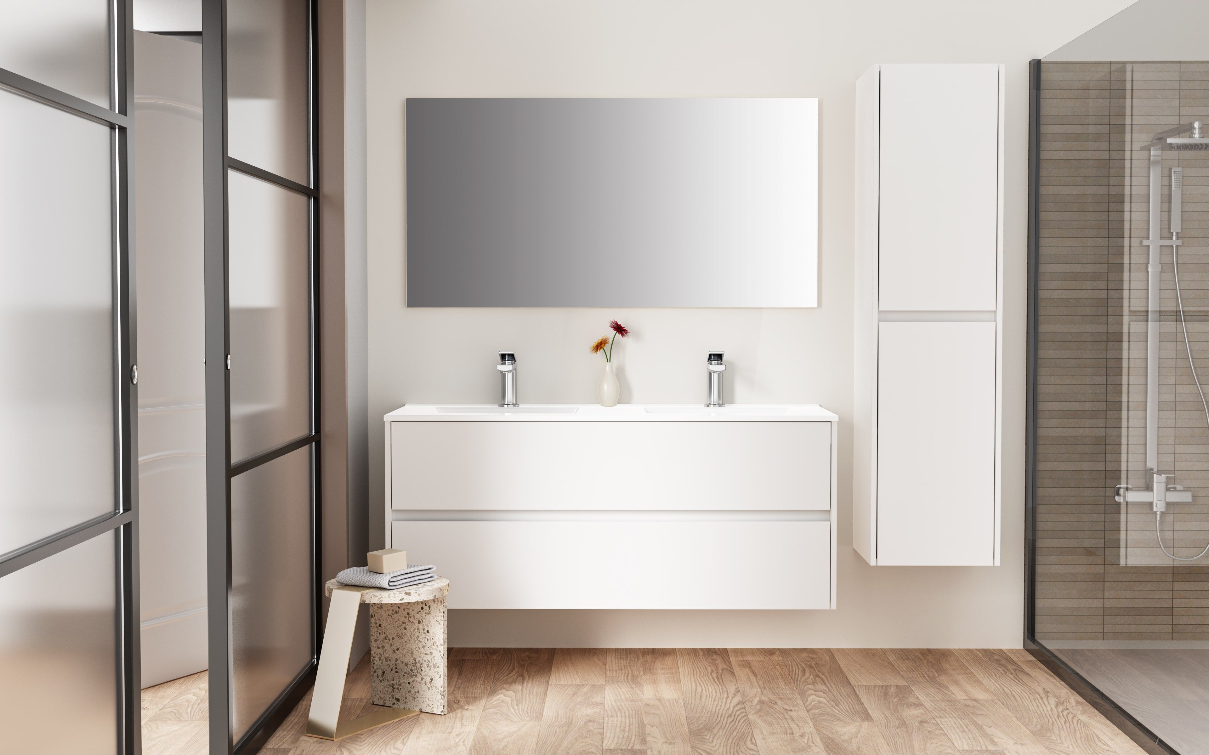 Aloni Hayat Lavabo - 2 Vasques - Avec Trop-plein - 2 Trous Robinet - Marbre Composite - 120×1,5×45 CM - Blanc Brillant