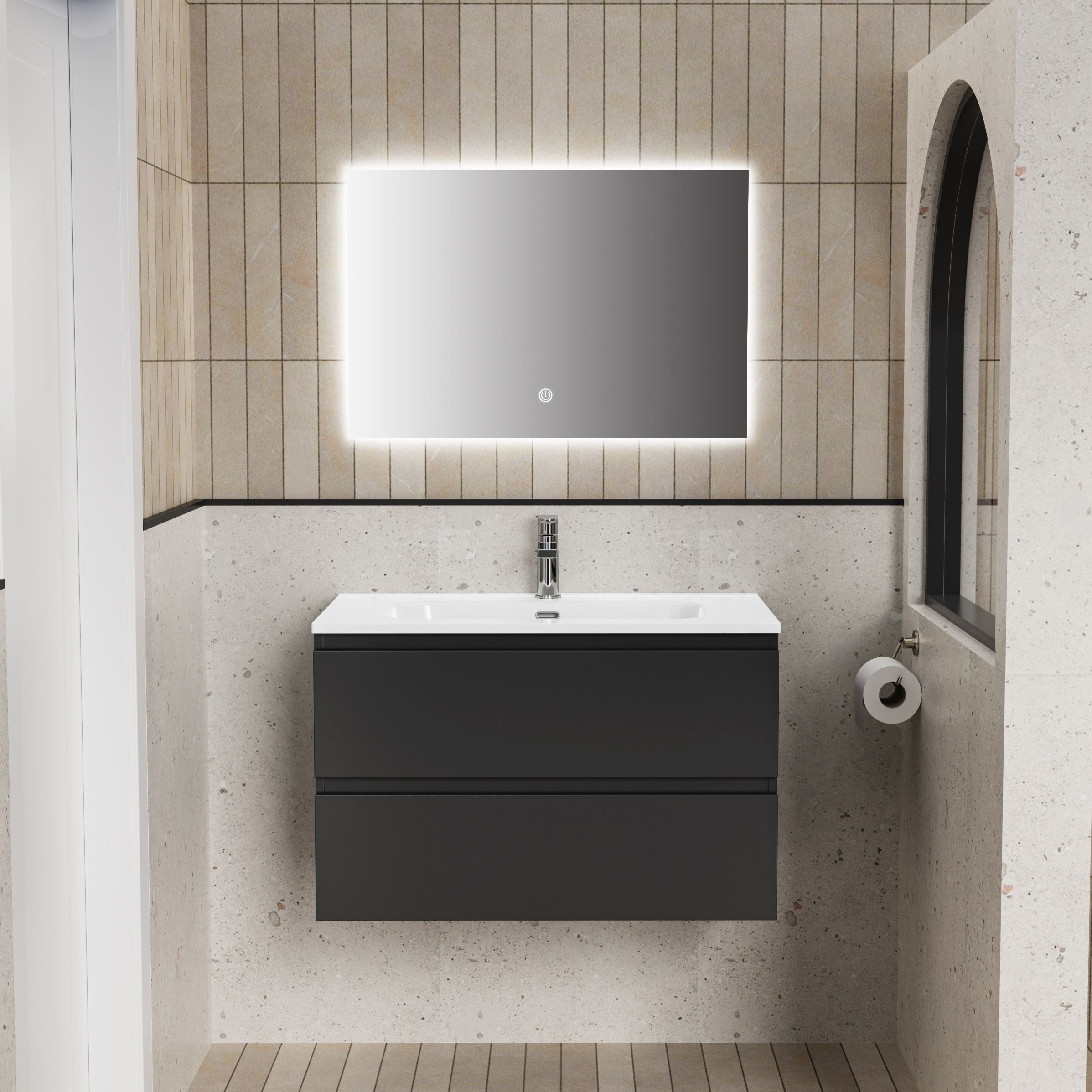 ALONI LIVA BADKAMERMEUBELSET COMPLEET - MET ONDERKAST - MET WASTAFEL - MET LED SPIEGEL - 80CM - MAT ZWART vue 2