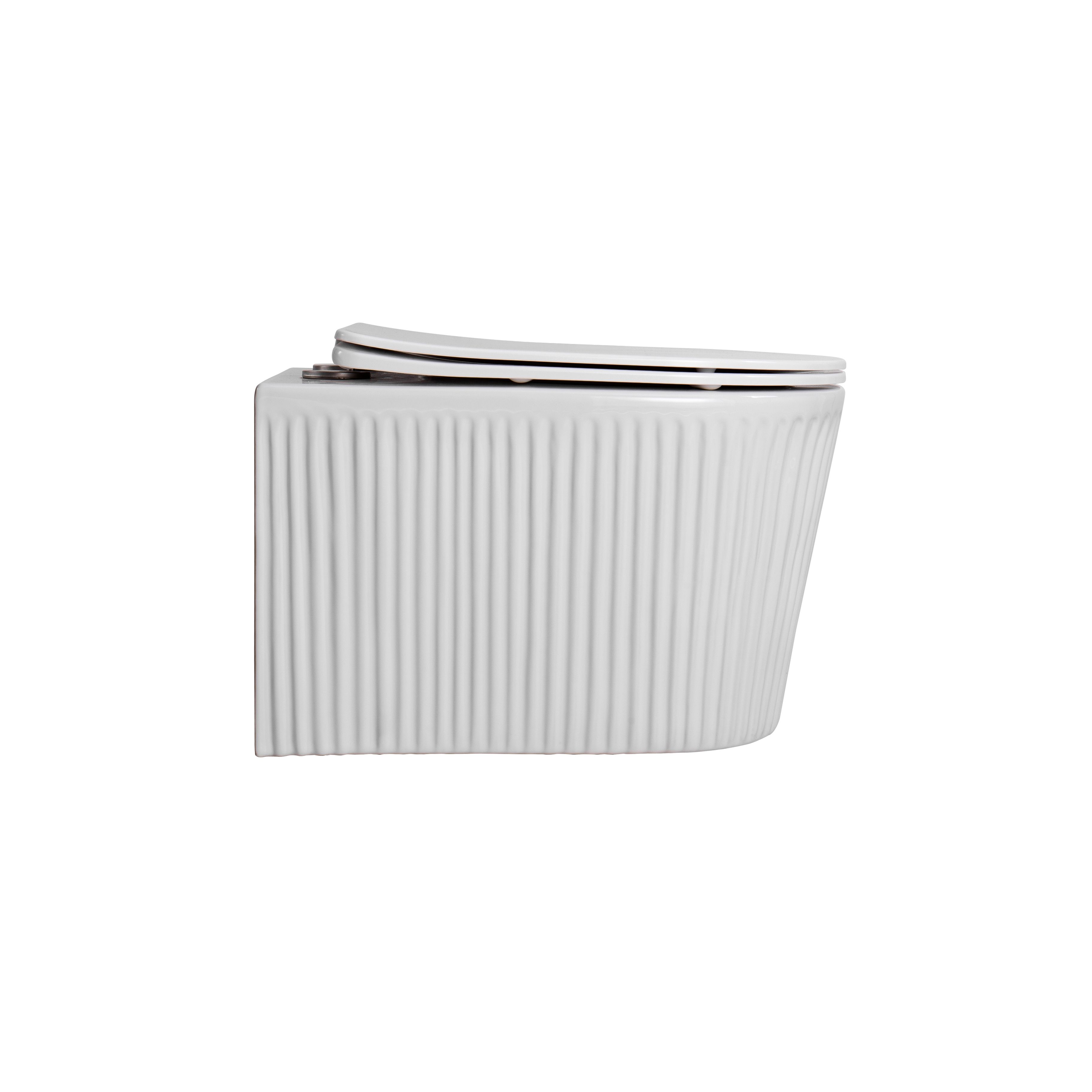 MUFFLY WC SUSPENDU AVEC STRUCTURE CANNELÉE – SANS BRIDE – TORNADO FLUSH – AVEC ABATTANT – DUROPLAST – SOFT CLOSE – QUICK RELEASE – CÉRAMIQUE – 36,5X52X34,6 CM – BLANC BRILLANT vue 3