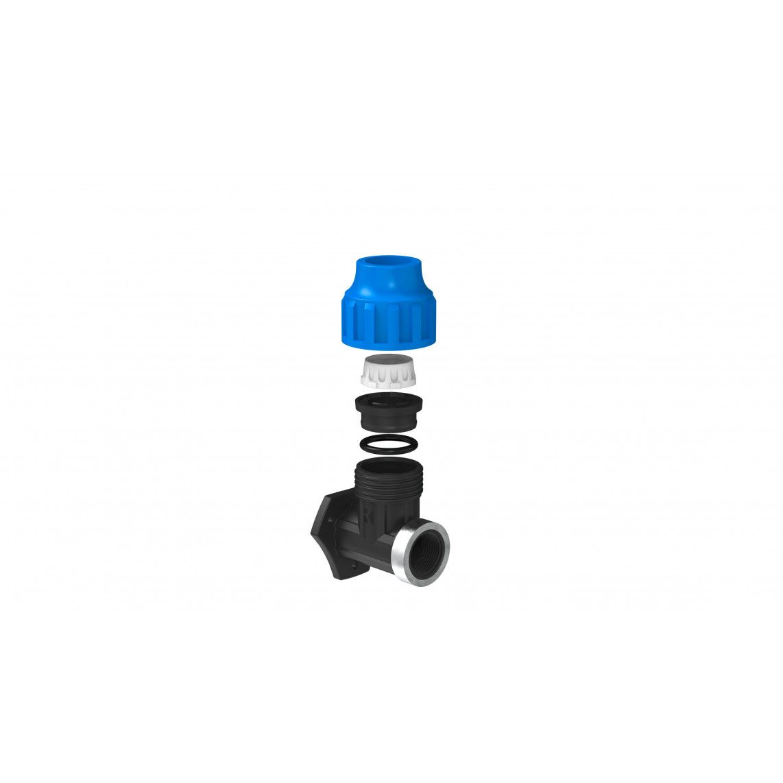 984842717 Elbow wall plate, PP, 20 mm x 1/2" female, clamp fitting for HDPE pipe, DVGW certified vue 2