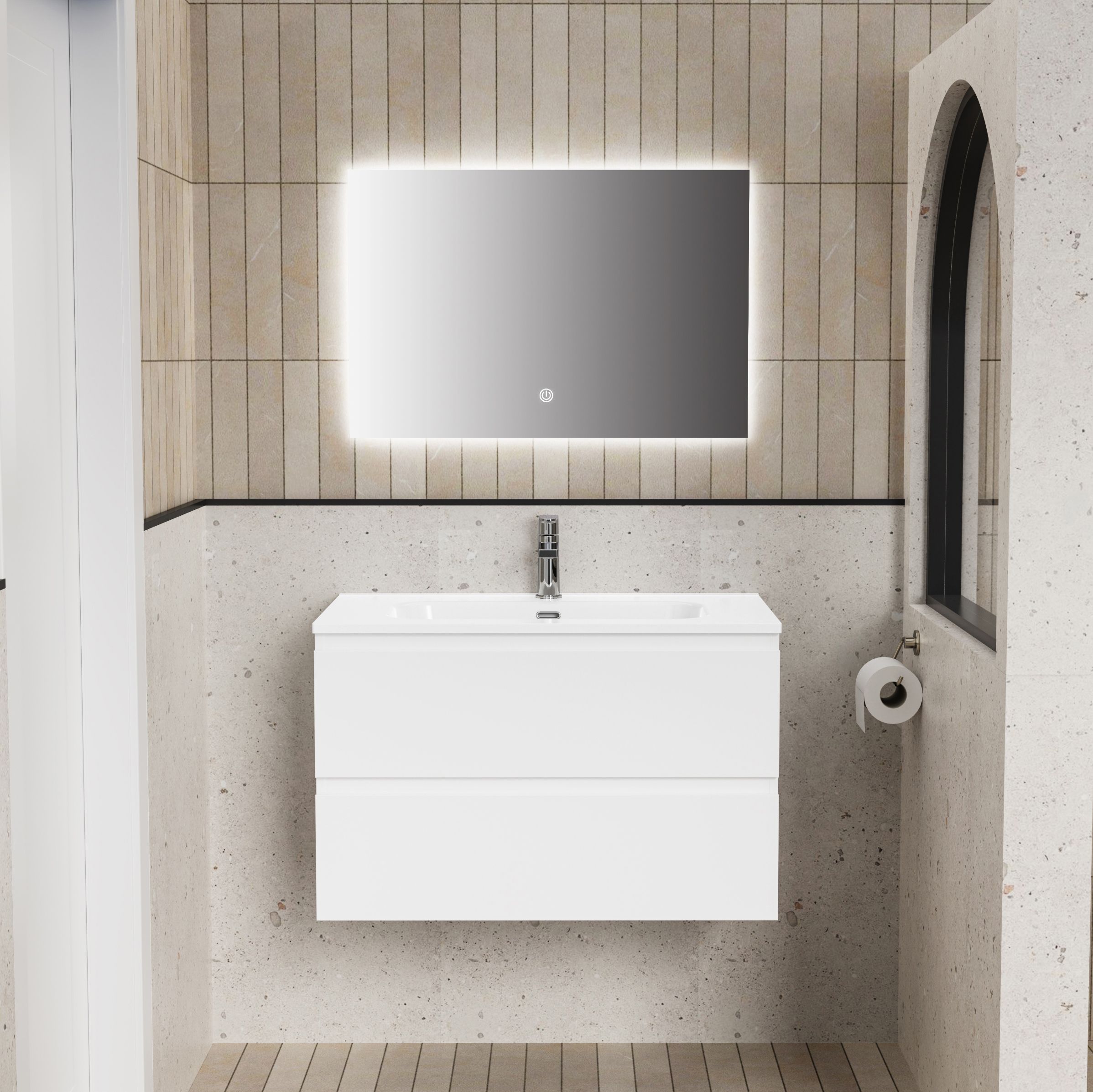ALONI LIVA BADKAMERMEUBELSET COMPLEET - MET ONDERKAST - MET WASTAFEL - MET LED SPIEGEL - 80CM - GLANZEND WIT vue 2